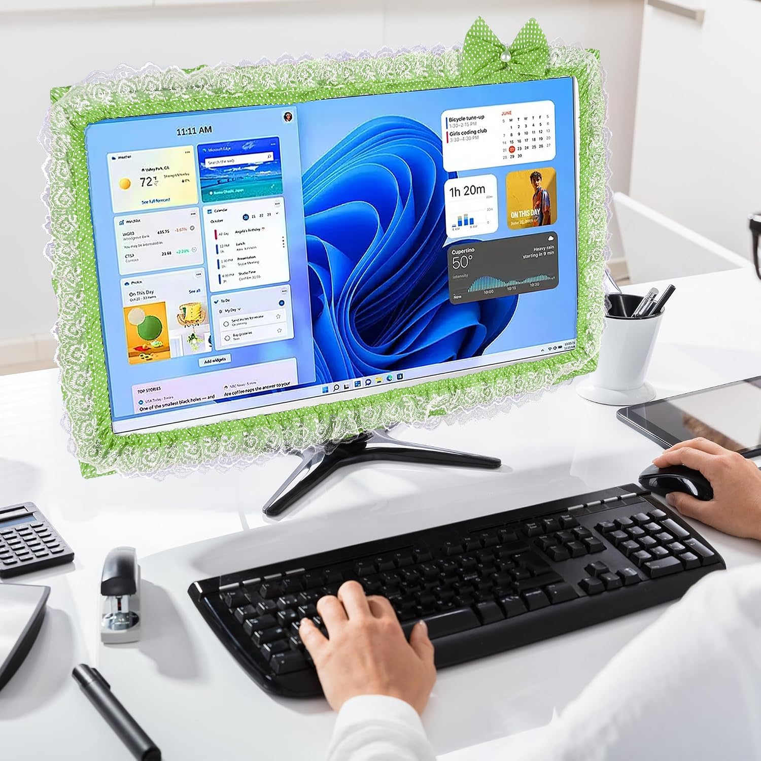 2 Pack Cute Computer Monitor Cover, 23''-26'' Elastic Monitor Dust Cover with Bow Knot, Lovely Monitor Accessories Screen Monitor Decoration for Tablet (Green) image 5