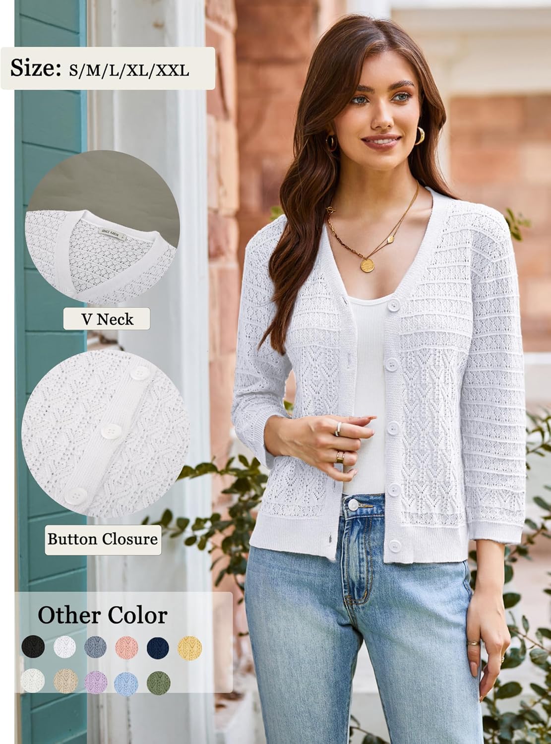 GRACE KARIN Women Lightweigt Crochet Knit Cardigan, 3/4 Sleeve Cropped Shrugs, Spring Button Down Sweaters Tops - Image 4