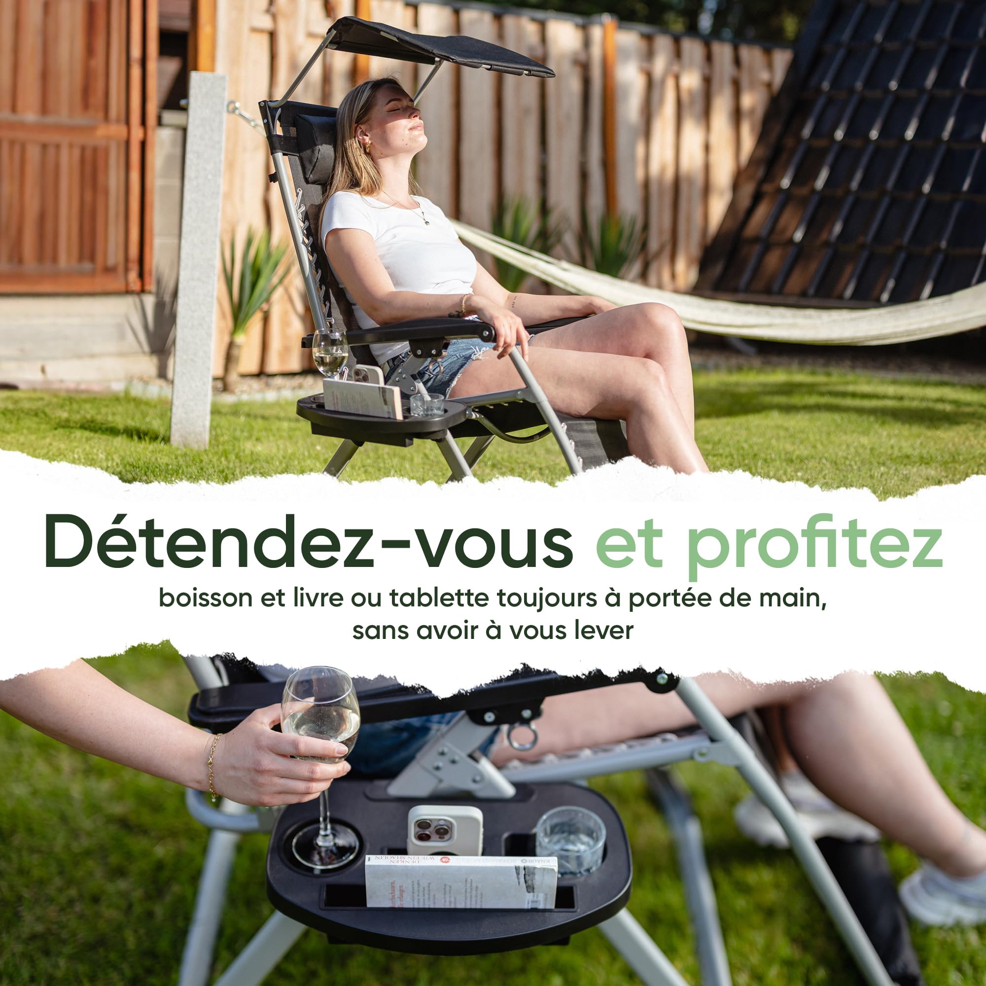 NatureLiving® Transat Pliable – Robuste, Rabattable et Résistant aux Intempéries – Bain de Soleil avec Toit pour Jardin et Balcon, Chaise Longue Outdoor Relax, Supporte 200 kg