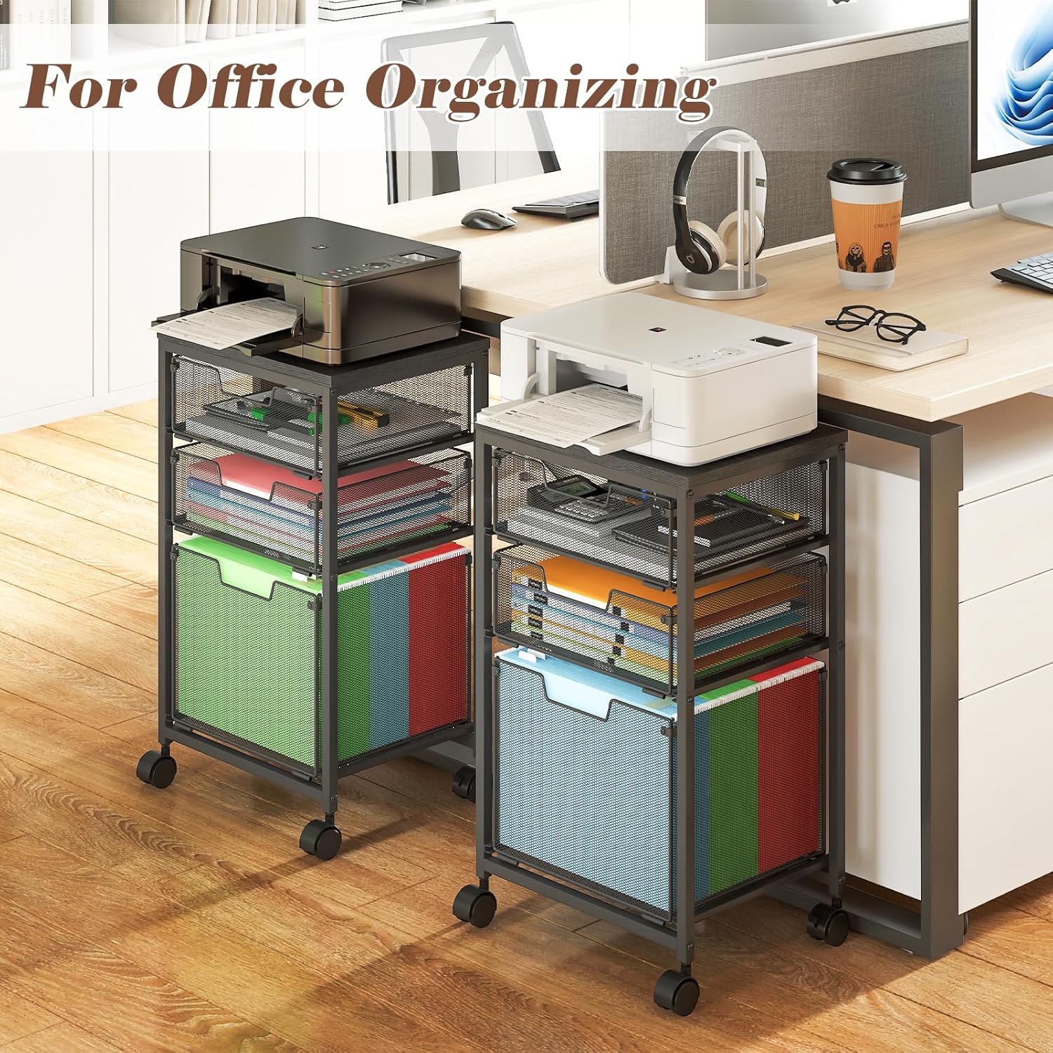 Rolling File Cart with 3 Drawers, Mobile Filing Cabinet for Home Office, Under Desk Storage Organizer with Wheels, Hanging Folder Holder Utility Cart Printer Stand, Black - Image 5