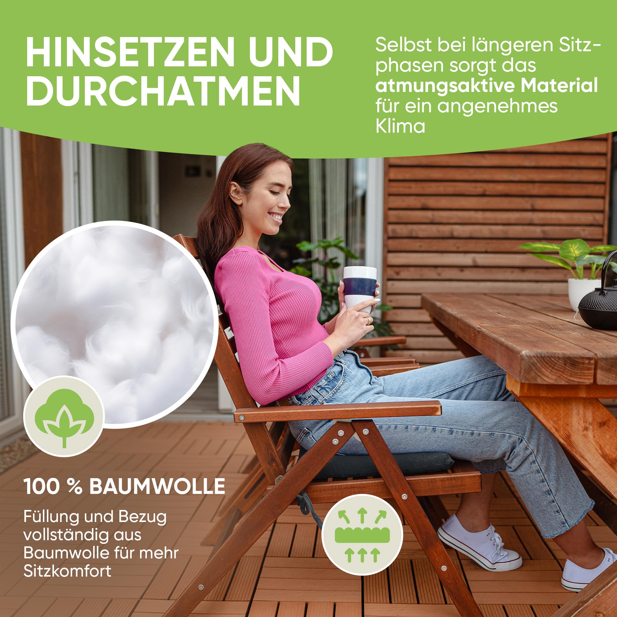 Gräfenstayn® Zestaw 4 bawełnianych poduszek do siedzenia 40 x 40 x 5 cm, z taśmami mocującymi do użytku wewnątrz i na zewnątrz, z znakiem Öko-Tex (antracytowy)
