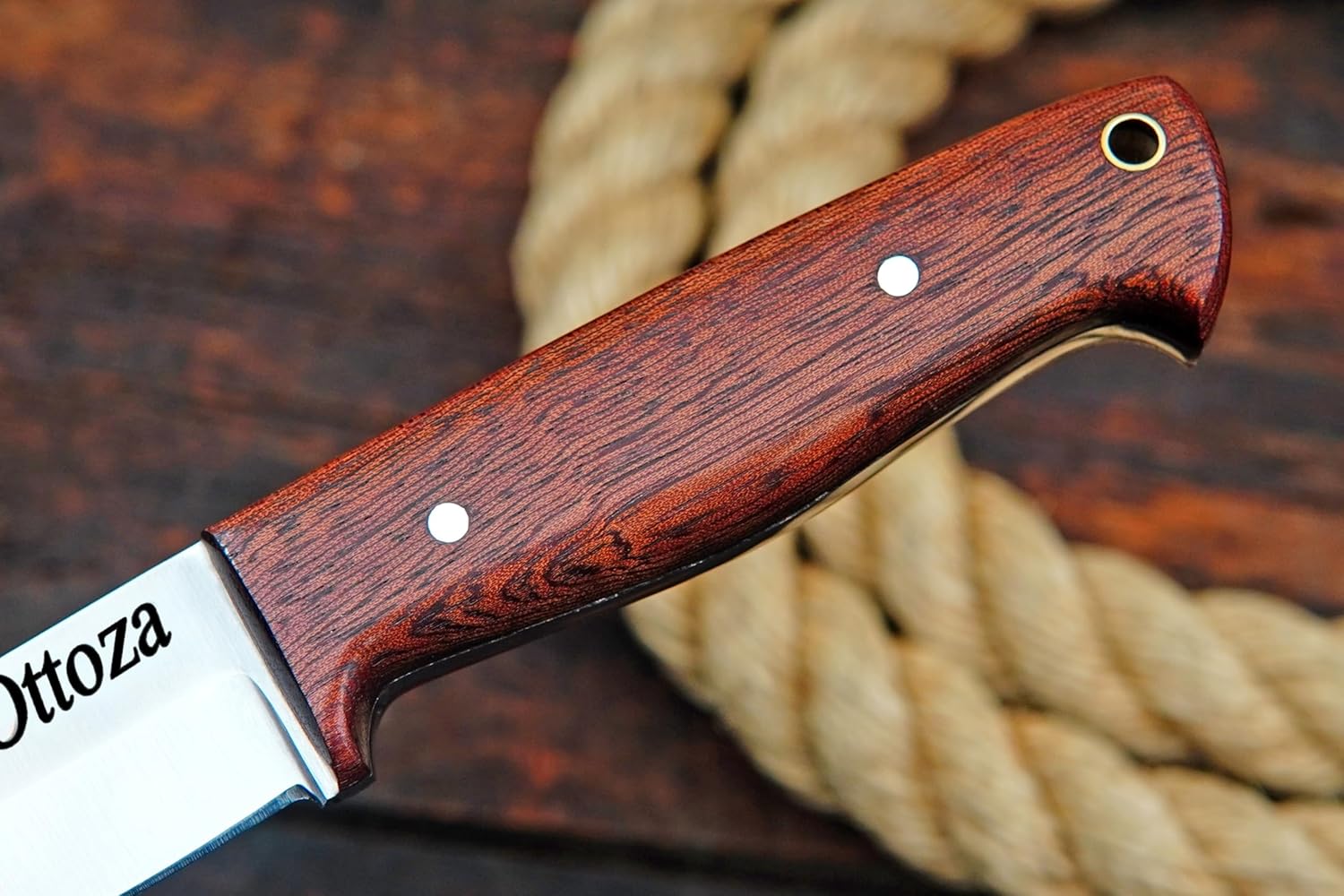 Ottoza Full Tang Bushcraft Knife with 1095 Carbon Steel Fixed Blade - Survival and Outdoor Camping Knife - Ballad Wood Handle Brown Leather Sheath 404