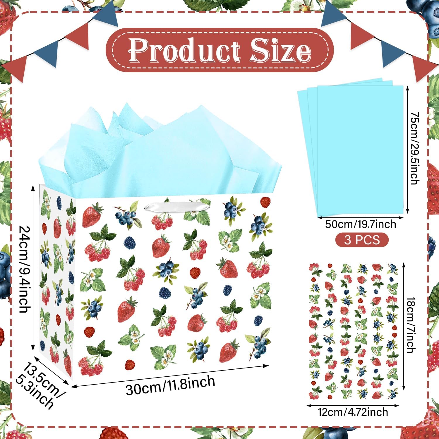 JORHANCE Berry Party Gift Bags with Tissue Paper & Birthday Card, Large Strawberry Wrapping Paper, Blueberry Baby Shower Decorations & Birthday Decorations, Berry Sweet Theme - Image 3