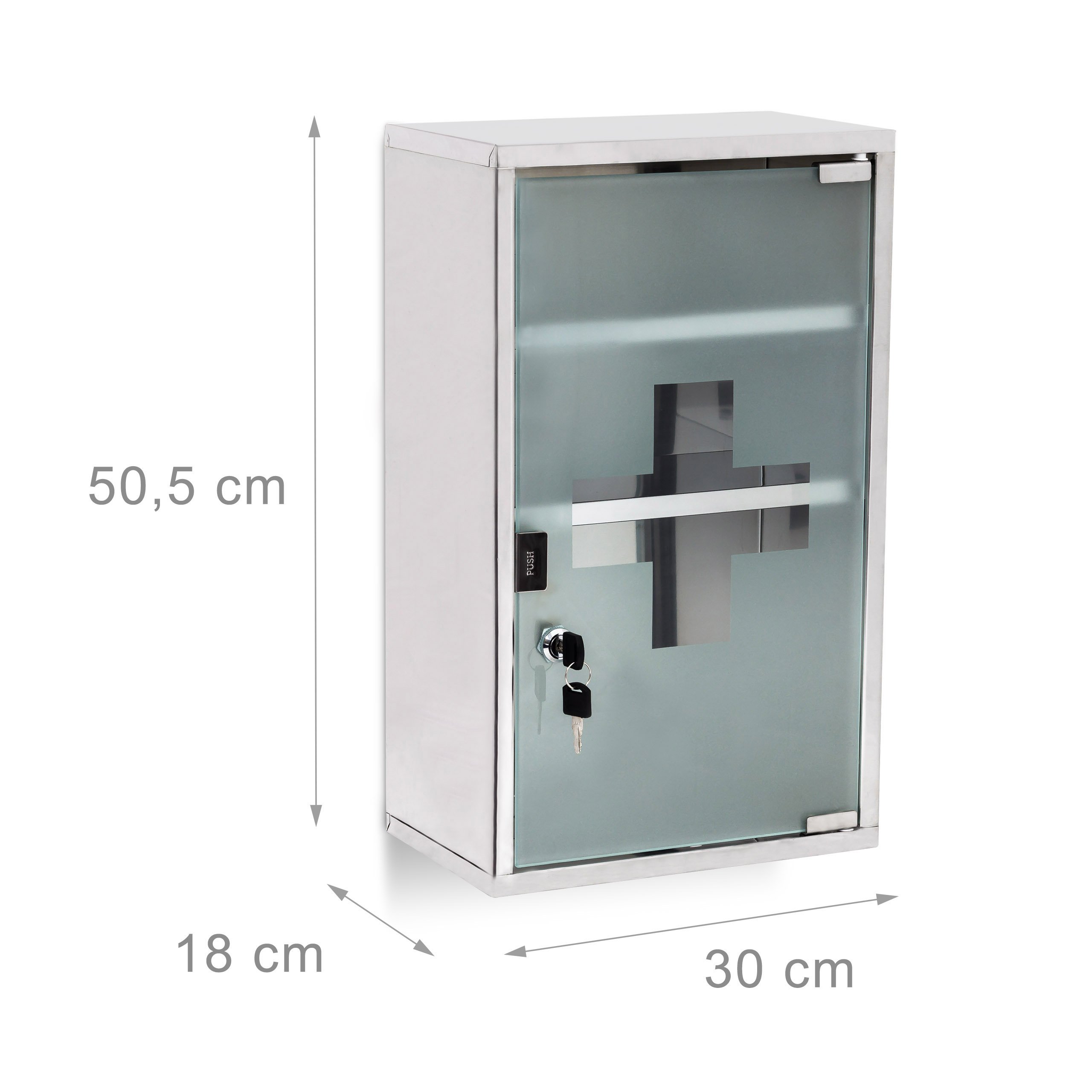 Relaxdays 10019093 Armoire à pharmacie étagère rangement médicaments 3 étages HxlxP : 50,5 x 30 x 18 cm porte en verre clés sécurité enfants Inox, argenté