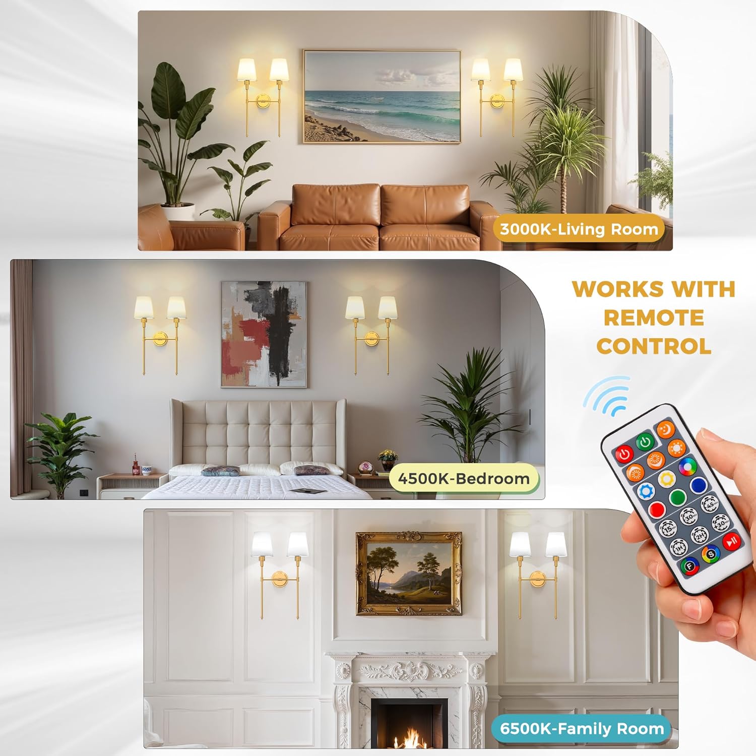 DORESshop 2-Lights Battery Operated Wall Sconce, Wall Light Wireless Easy to Install Remote Control, Dimmable Sconces Wall Decor Rechargeable Wall Lamp for Bedroom, Living Room, Gold (1 Pack)