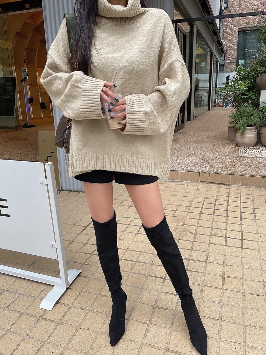 BEDAW Women's Sweater Turtleneck Drop Shoulder Oversized Sweater Sweater for Women (Color : Khaki, Size : Small)
