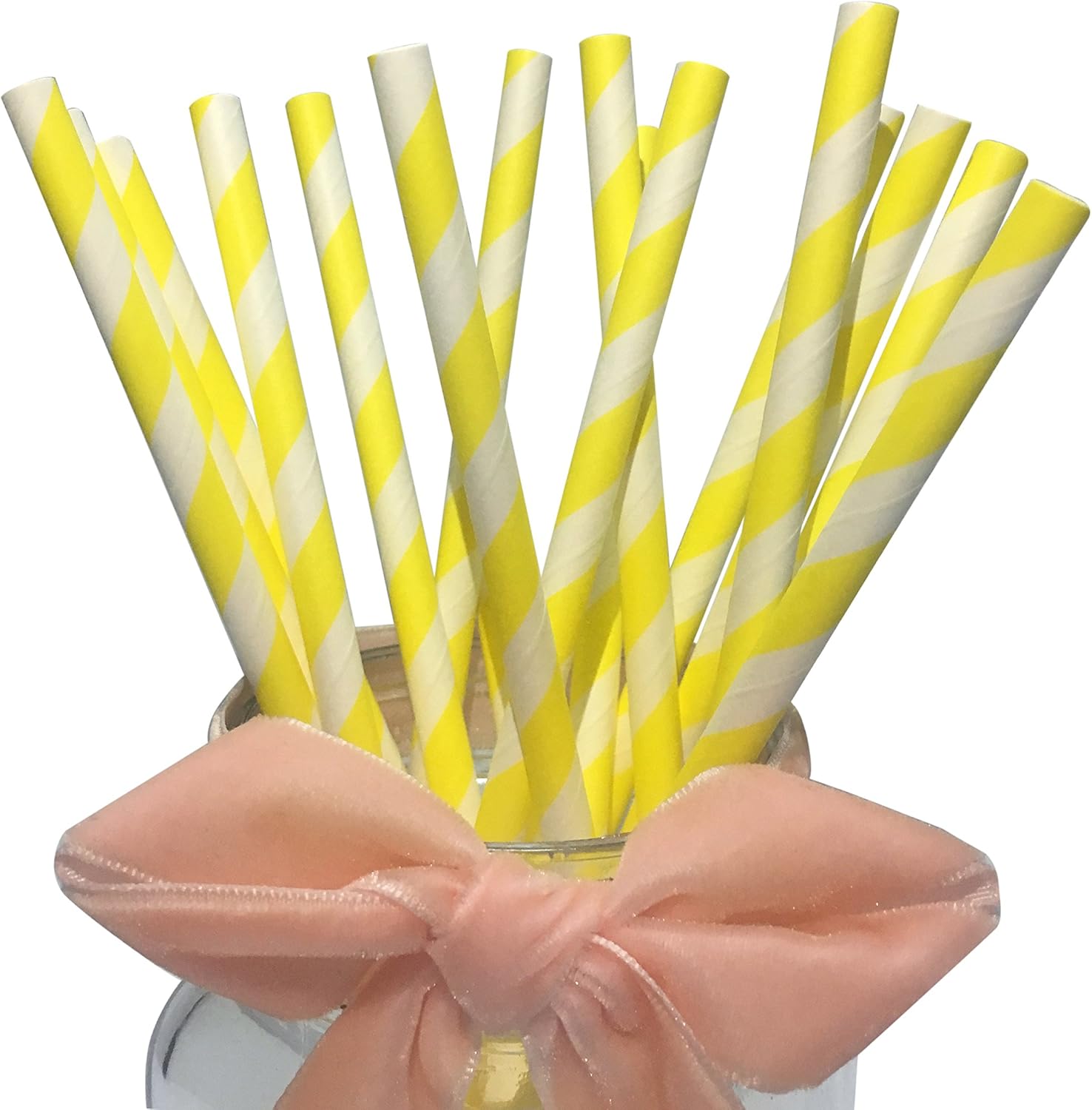 Yellow & White Paper Straws (100 Pack) - 7.75" Biodegradable Yellow Bee Striped Drinking Straws - Eco Party Supplies for Juice & Cocktail, Christmas, Brithday, New Year