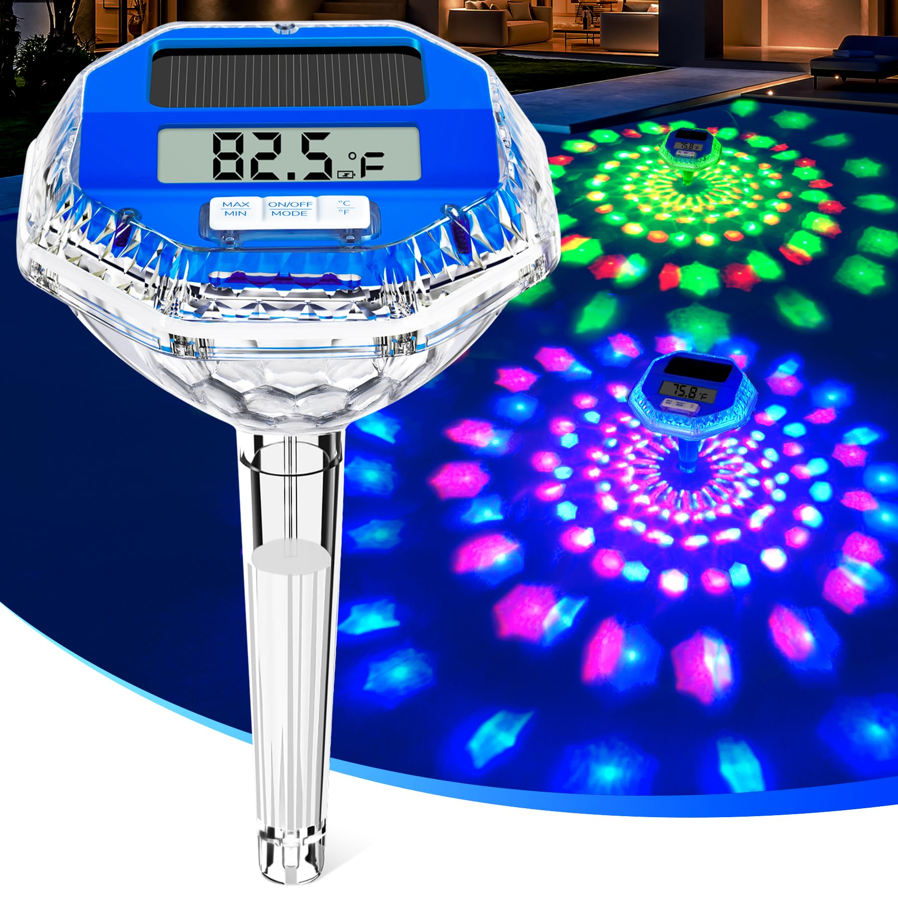 Pircaath Solar Digital Pool Thermometer Floating Easy Read, Pool Thermometer with Light Show, Large LCD Screen Solar Pool Thermometer,IP68 Waterproof Pool Water Temperature Thermometer for Hot Tub,Spa