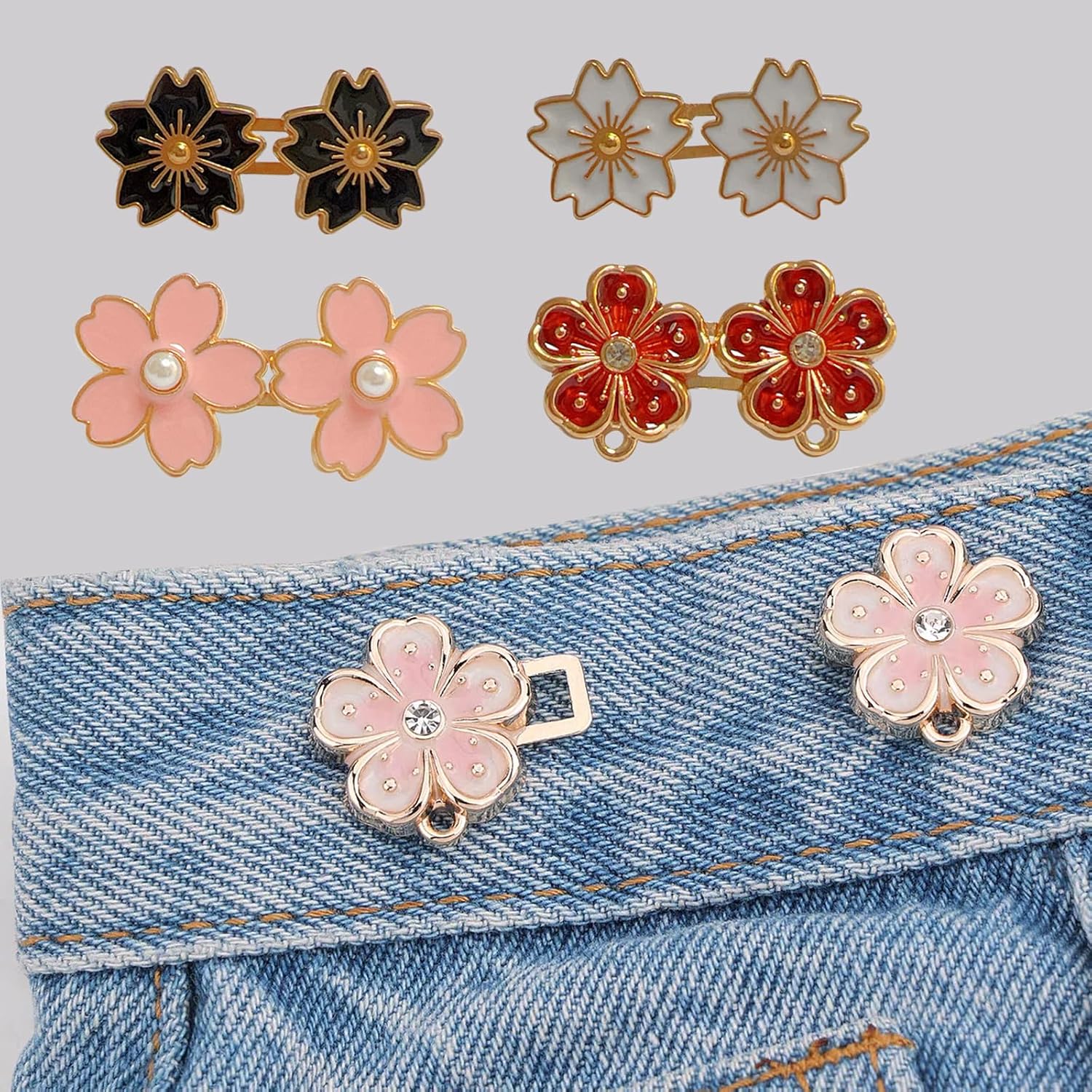 6 Sets Pant Waist Tightener, Detachable Flower Jean Buttons Pant Waist Tightener for Loose Jeans, Adjustable Waist Buckle Sets No Sew and No Tools Decorative Waist Buckles, Jean Buttons pins image 5