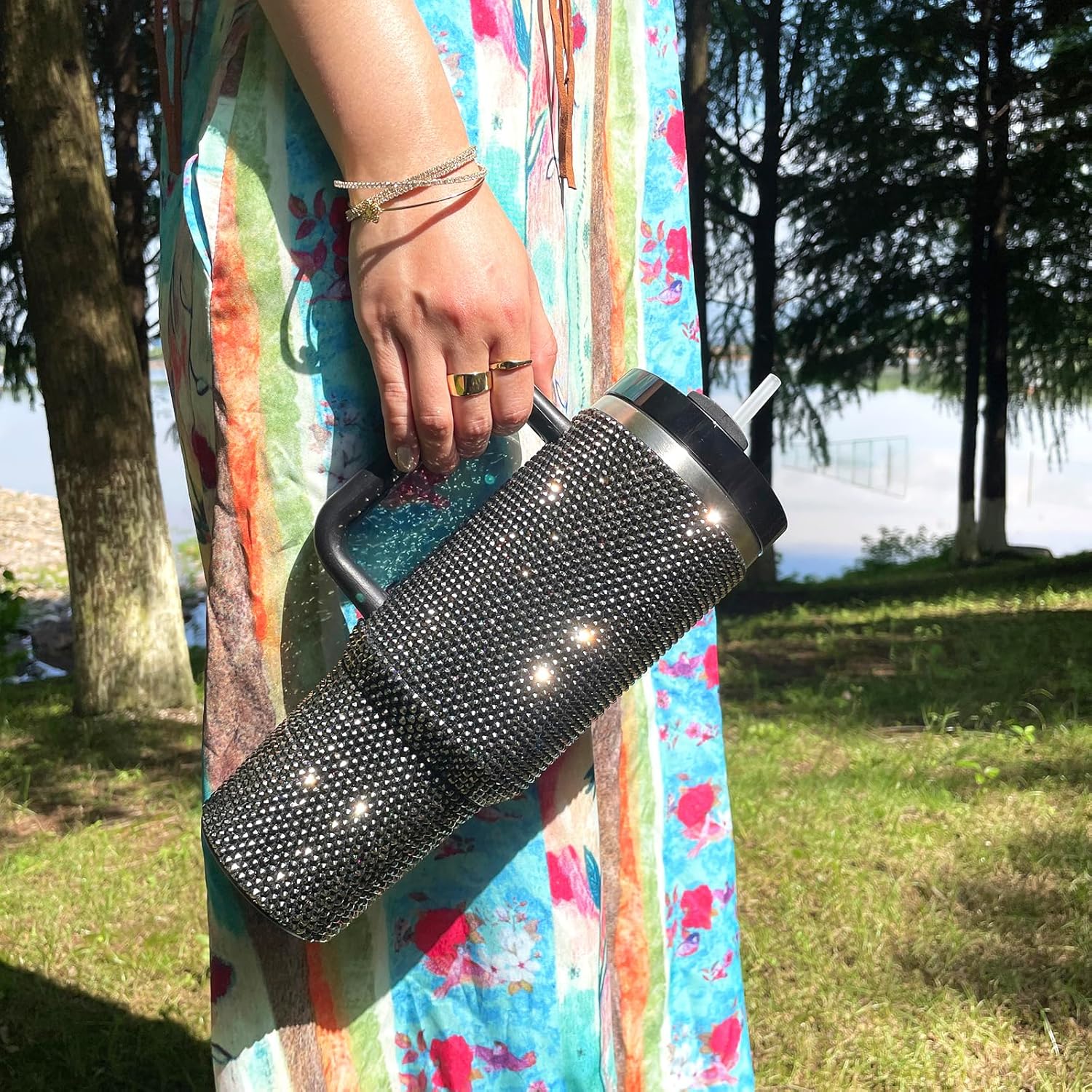 40oz Bling Tumbler with Handle and Straw Lid Rhinestone Studded Tumbler Cups Vacuum Insulated Stainless Steel Double Wall Water Bottle Travel Mug Gifts for Women Her (Black) - Image 6