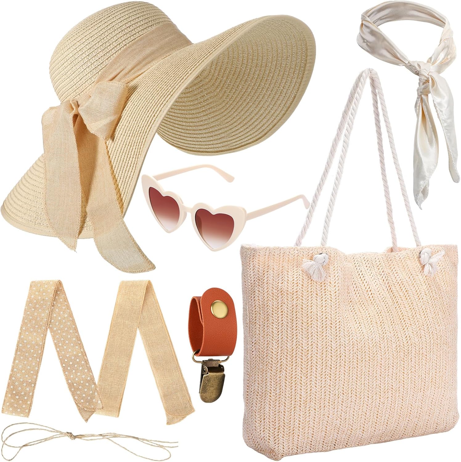5 Pcs Women Straw Beach Hat Set with Straw Beach Tote Bag Summer Sunglasses Women Head Scarf Hat Clip for Travel