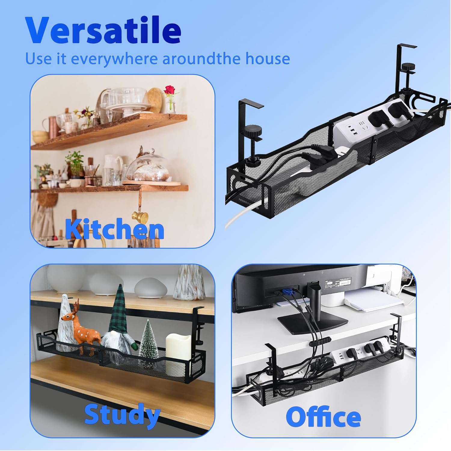 Under Desk Cable Management Box 25.3 Inch – Clamp-Mounted Cable Organizer Tray, Large Cord Management Box for Office & Home, Wire Organizer Under Desk Storage, Black