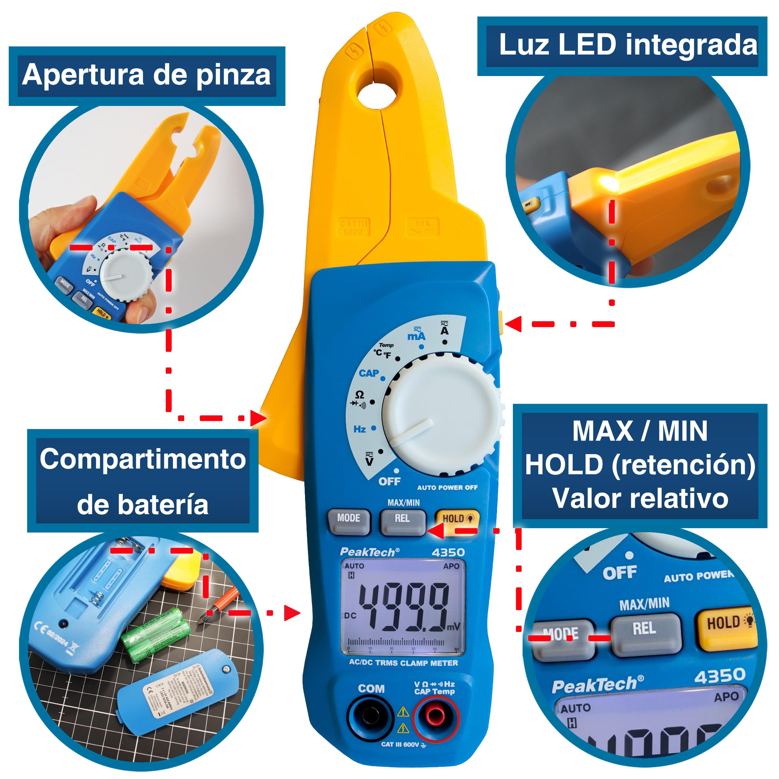 PeakTech 4350 – Pinza de corriente RMS 80A CA/CC, digital, amperimétrica, de corriente, rango automático, 4000 cuentas voltímetro sin contacto, probador de continuidad - Max 600V