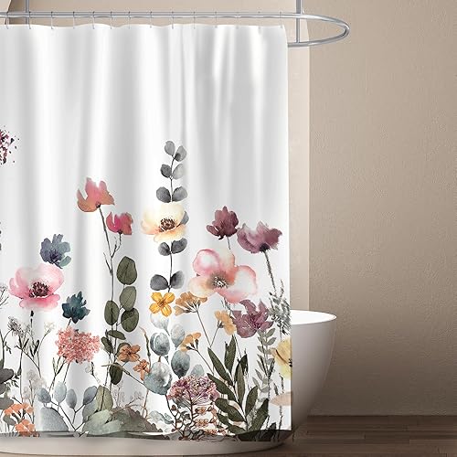Abelloly Watercolor Floral Shower Curtain, Pink Flowers with Long Tree Leaves Shower Curtain, Modern Minimalist Shower Curtain Set, Waterproof Design, with 12 Hooks, 72x72 inch, Bathroom Decor