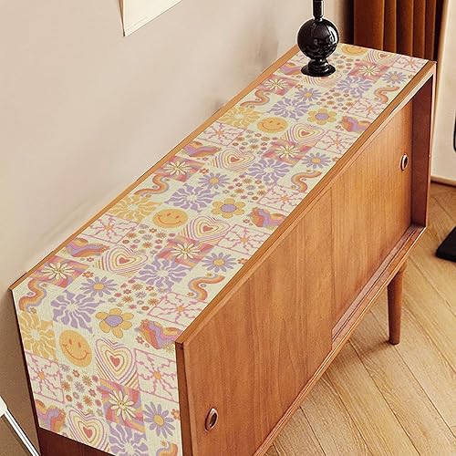 Miniatura 3 de 70s Table Runner, Rustic Blue Wavy Grid Floral Modern Retro Boho Hippie 1960s Abstract Coffee Table Center Decor for Family Kitchen and Dining