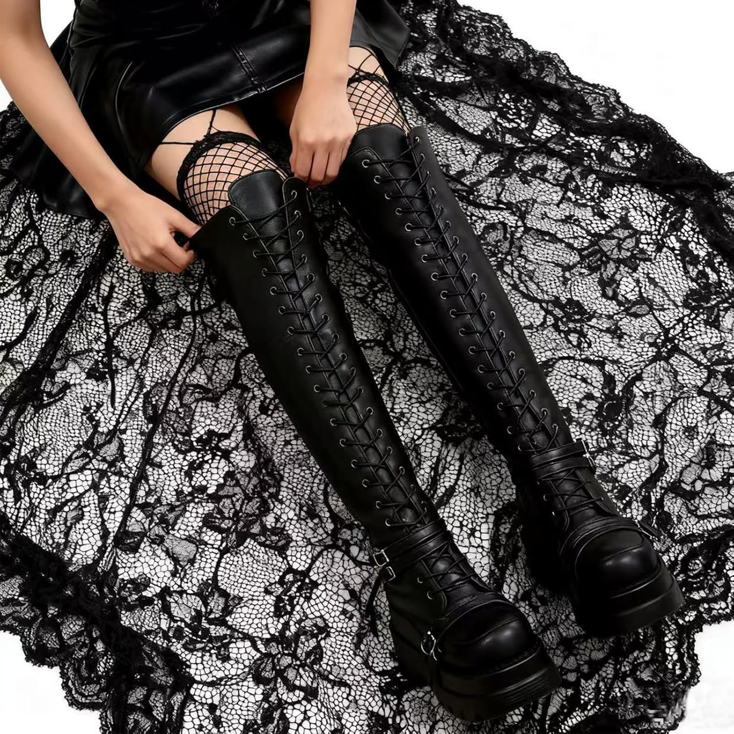 Women's Platform Over the Knee Boots Goth Punk Boots Chunky Heel Motorcycle Boots with Buckles Zip Thigh High Boots - Image 2