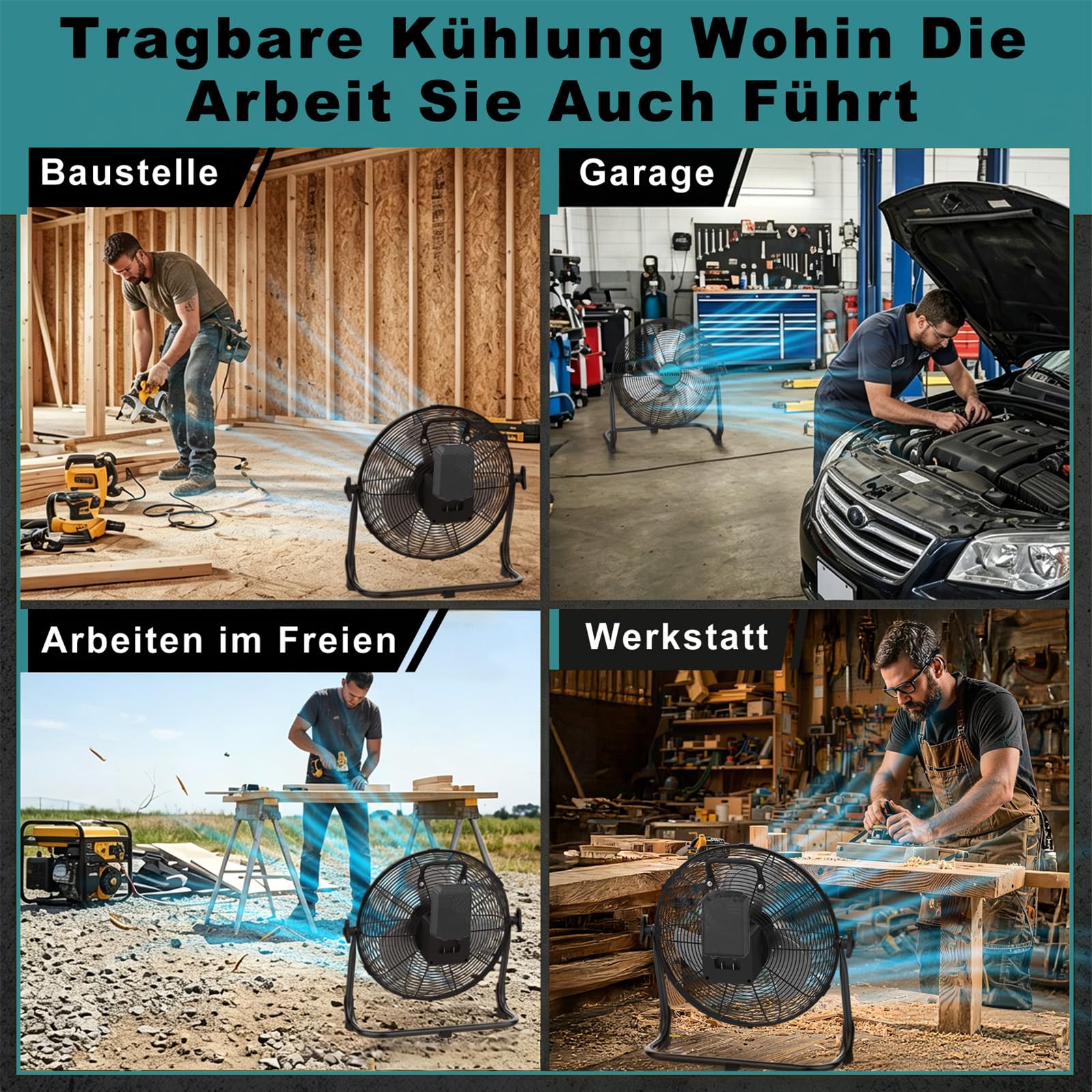 NATPOW Akku Bodenventilator, Kompatibel mit Makita 18V-Akkus, 30cm Ventilator Leise mit Typ C und USB-Aufladung, Stufenlos Drehzahlregelung mit Adapter für Strand Camping Baustelle, Kein Akku