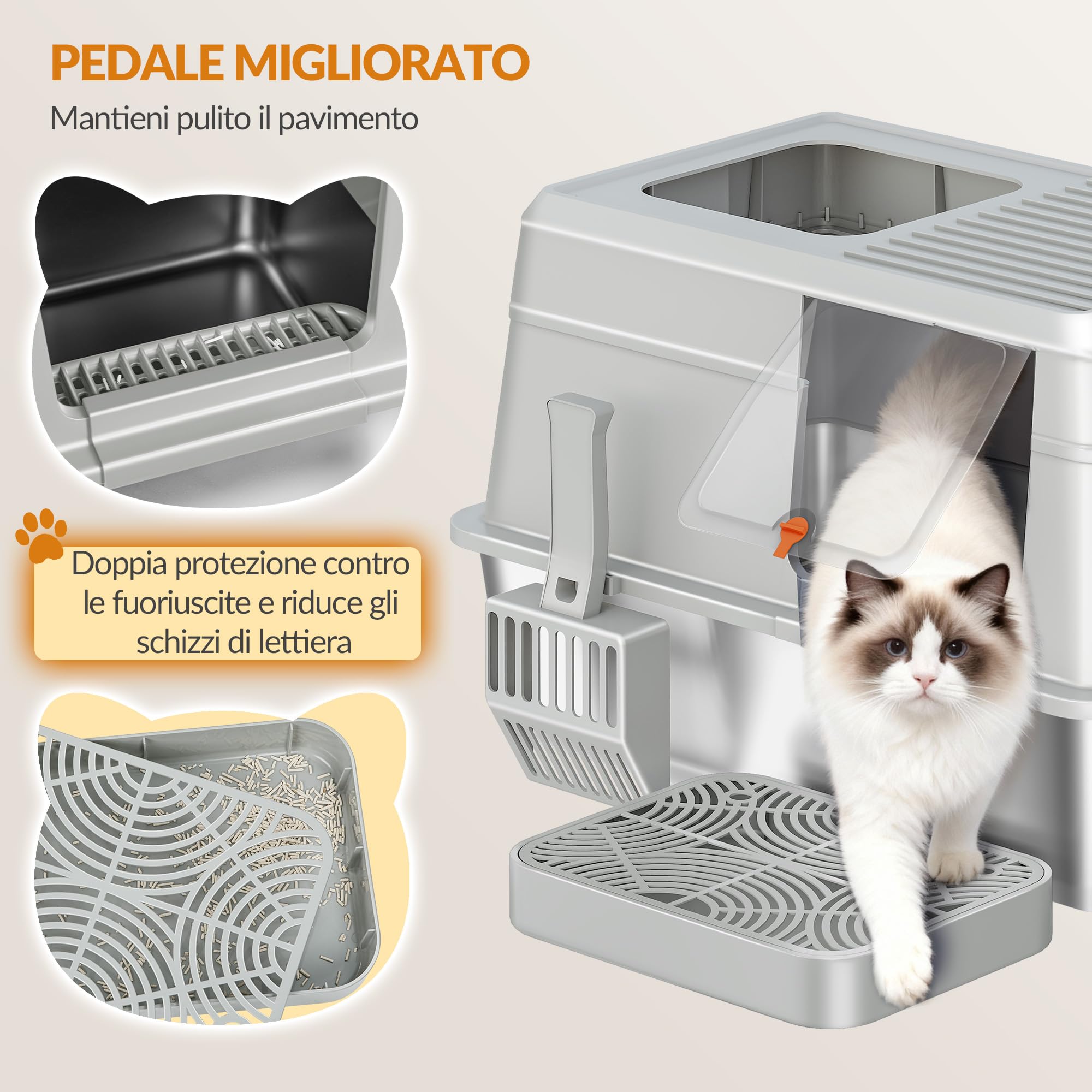 Lettiera Acciaio Inox Chiusa con Coperchio, Lettiera Acciaio Inox XXL Gatto, con Pedana e Paletta, Facile da Pulire, Doppio Ingresso, Rimovibile, 60 x 40 x 38 cm, Grigio Chiaro, FPLB204SG1