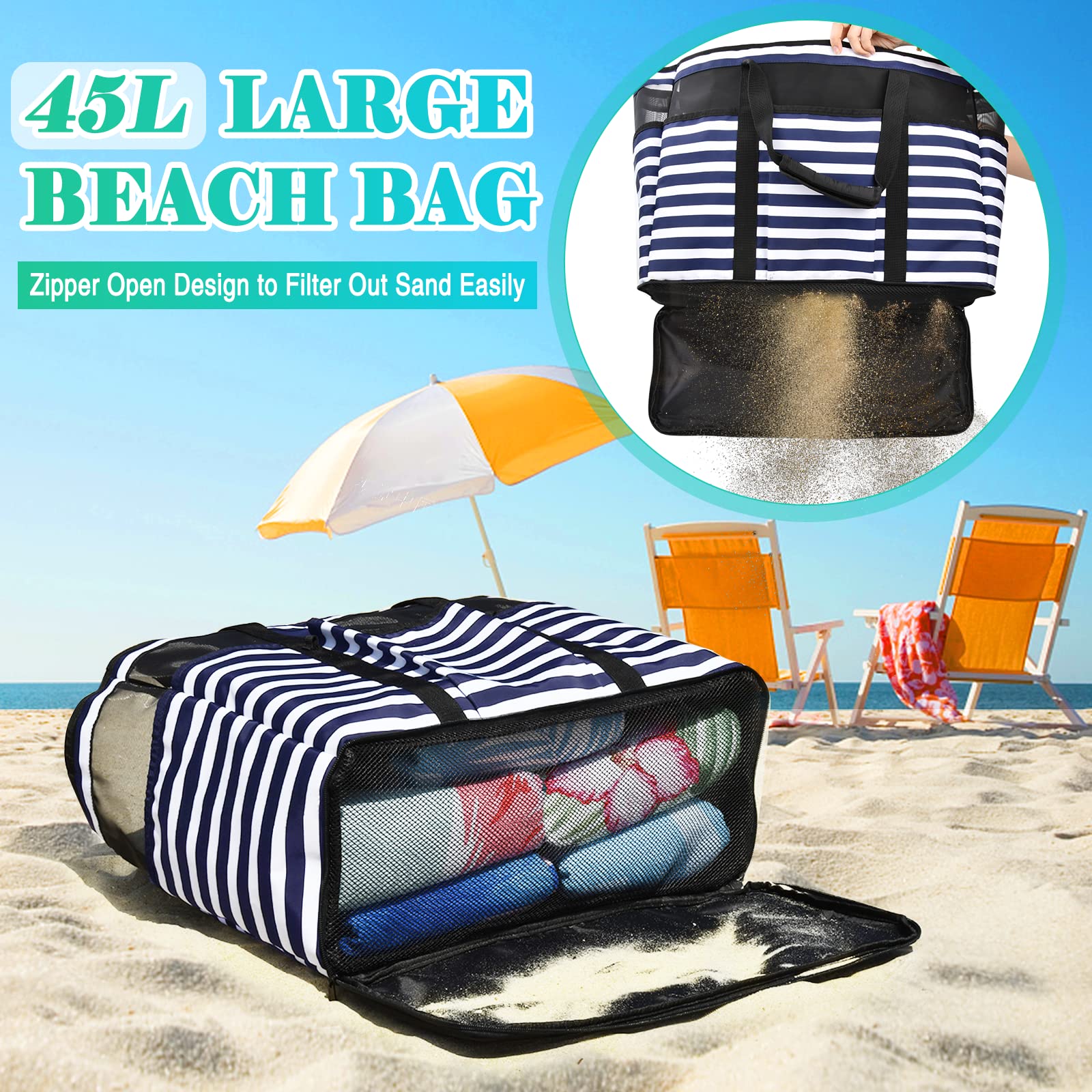 Grand Sac de Plage Femme XXL, Sac de Plage XXL Extra Large Famille en Maille Pliable pour Femme avec Fermeture Éclair, Grand Poches Sacs à Cabas pour Plage Voyages Gym Piscine 45L