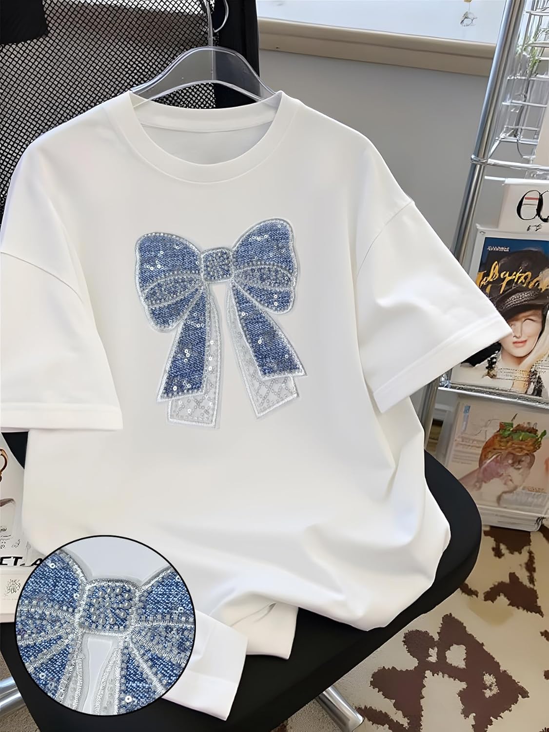 OYOANGLE Women's Casual Summer Loose Oversized Tee Sequin Sparkly Bowknot Top Short Sleeve Crew Neck Tshirt - Image 3