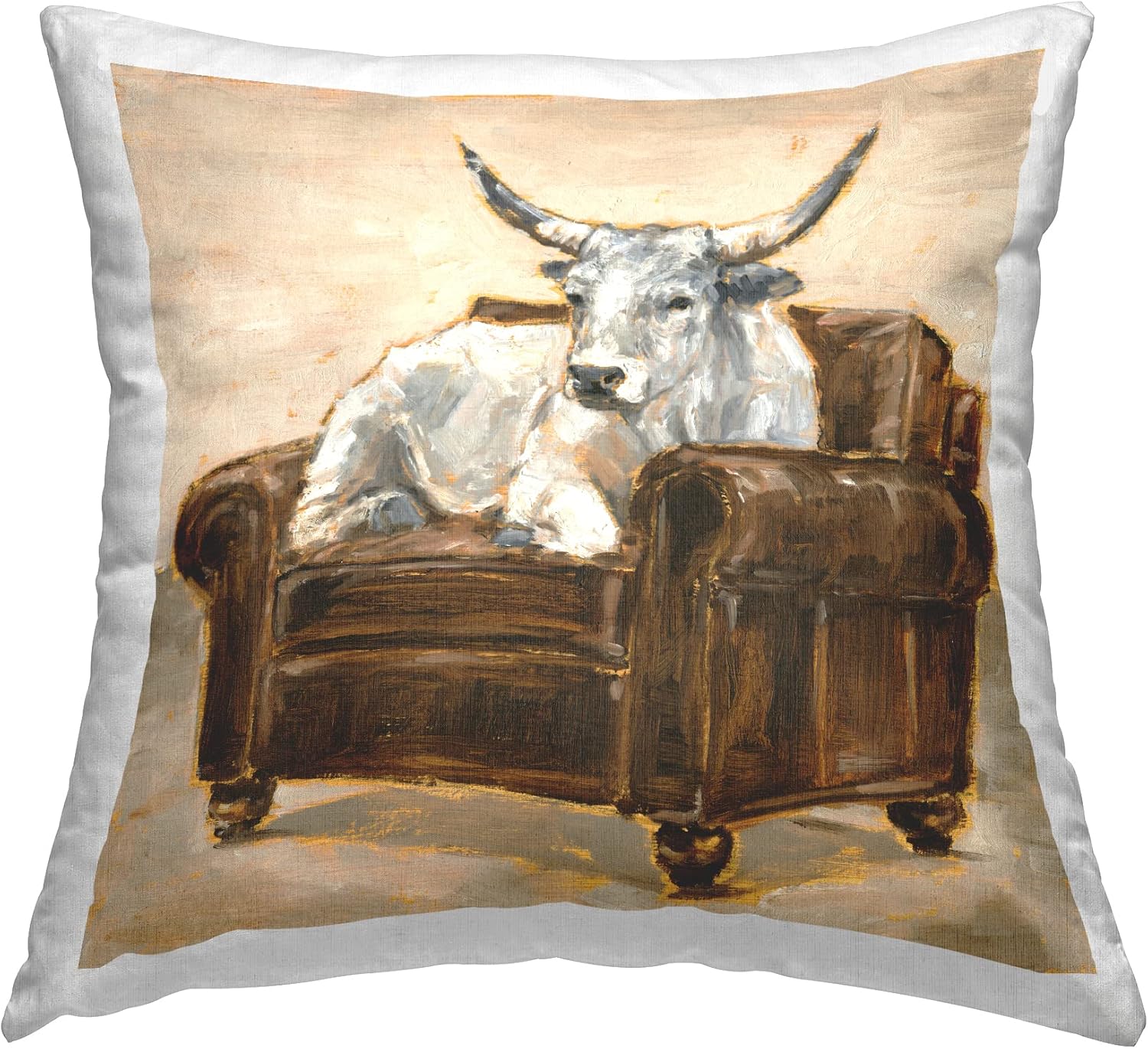 Stupell Industries Longhorn White Bull Resting in Brown Chair Design by Ethan Harper Pillow, 18 x 18