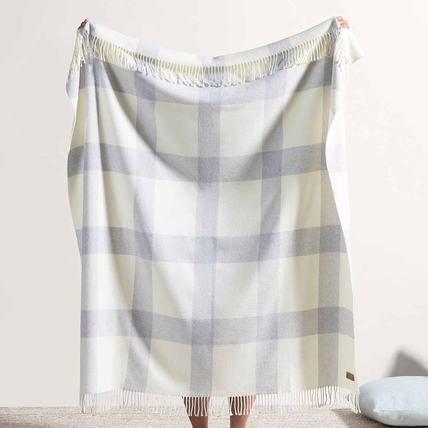 Lands Downunder All-Season, Luxury Silver Wellington Plaid Throw – Soft Woven Throw with Decorative Fringe – Made in Italy – 51”W x 67”L - Perfect for Gifting