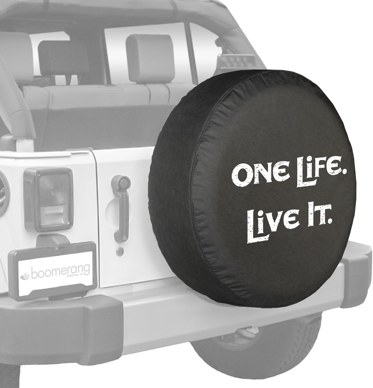 Boomerang 32" One Life Live It - Spare Tire Cover - (Black Denim Vinyl) - White Print - Made in The USA