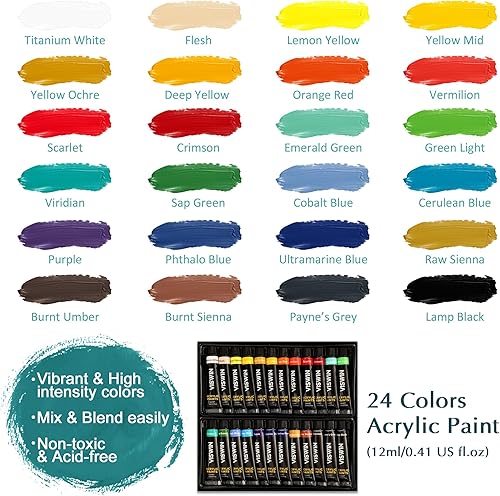 Miniatura 5 de VISWIN Juego de pintura acrílica de 62 piezas con caja de caballete, kit de pintura con 24 pinturas acrílicas, lienzos, pinceles, paleta, bloc de