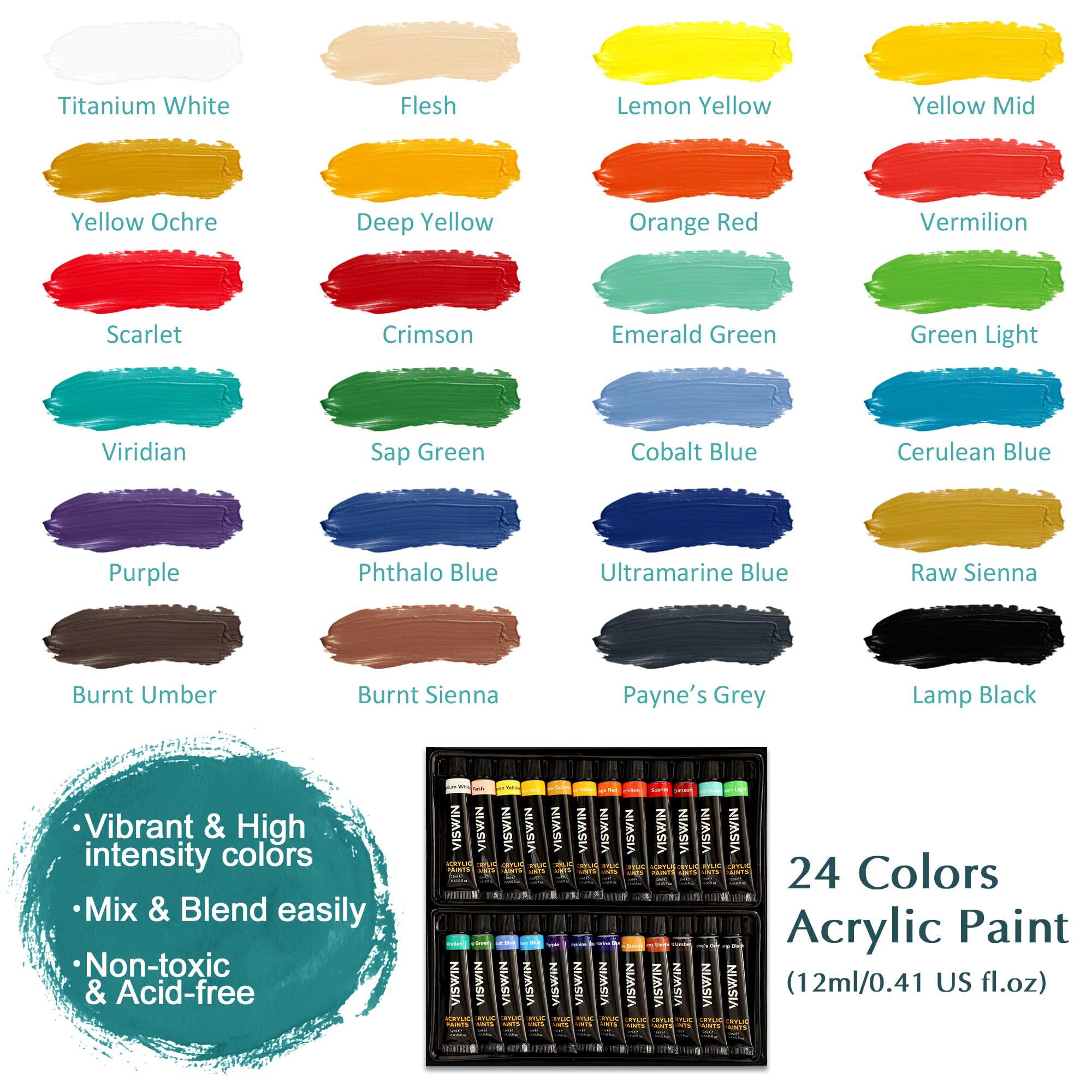 VISWIN Kit de Peinture Acrylique 62 Pièces avec Chevalet, Set Professionnel avec 24 Acryliques, Toiles, Pinceaux & Bloc, Matériel, Kit pour Adultes, Enfants, Artistes