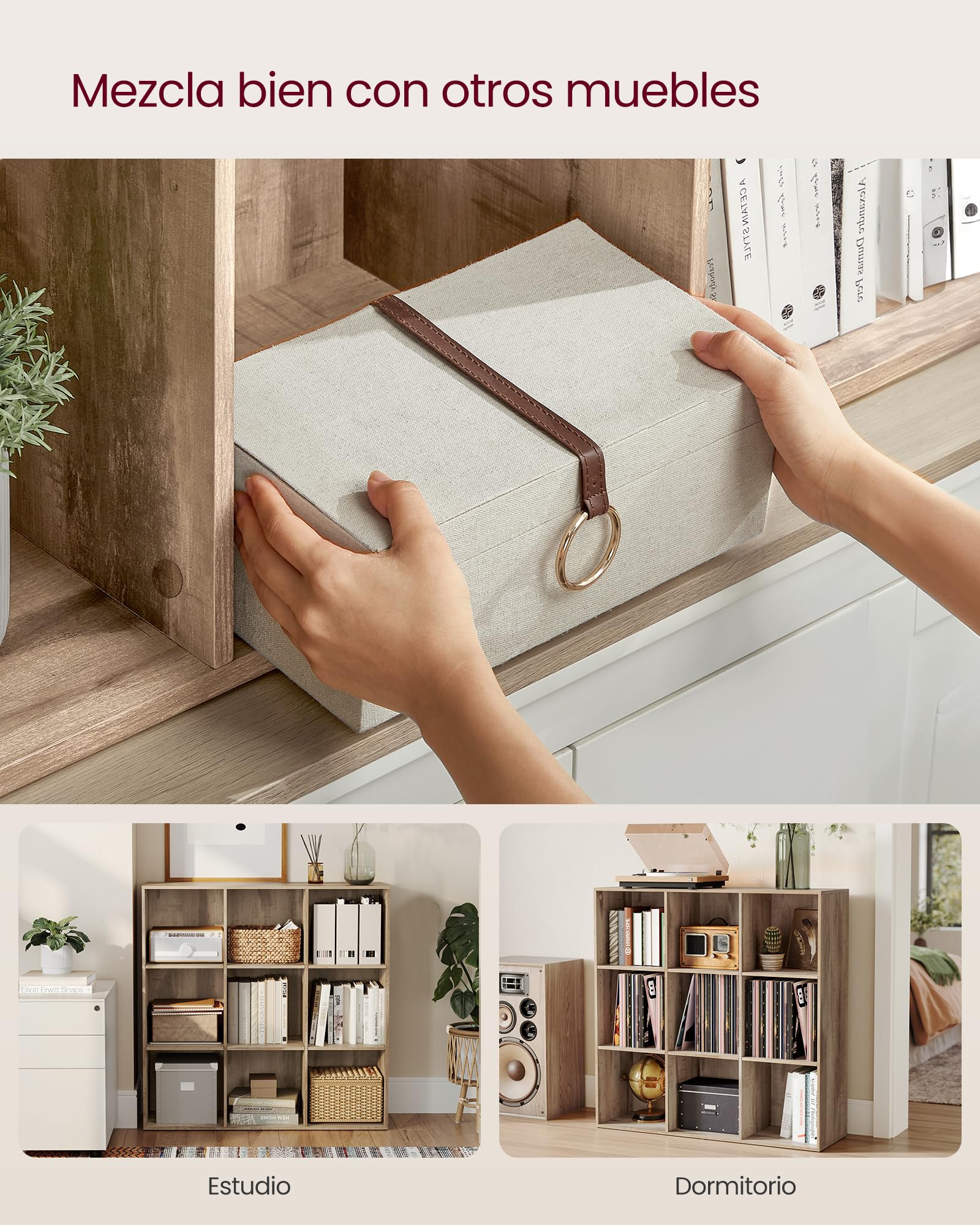 VASAGLE Custos Colección - Librería, Estantería Almacenaje, de 9 Compartimientos, para Sala de Estar, Estudio, Oficina, 30 x 97,7 x 97,5 cm, Marrón Camello LBC177K01