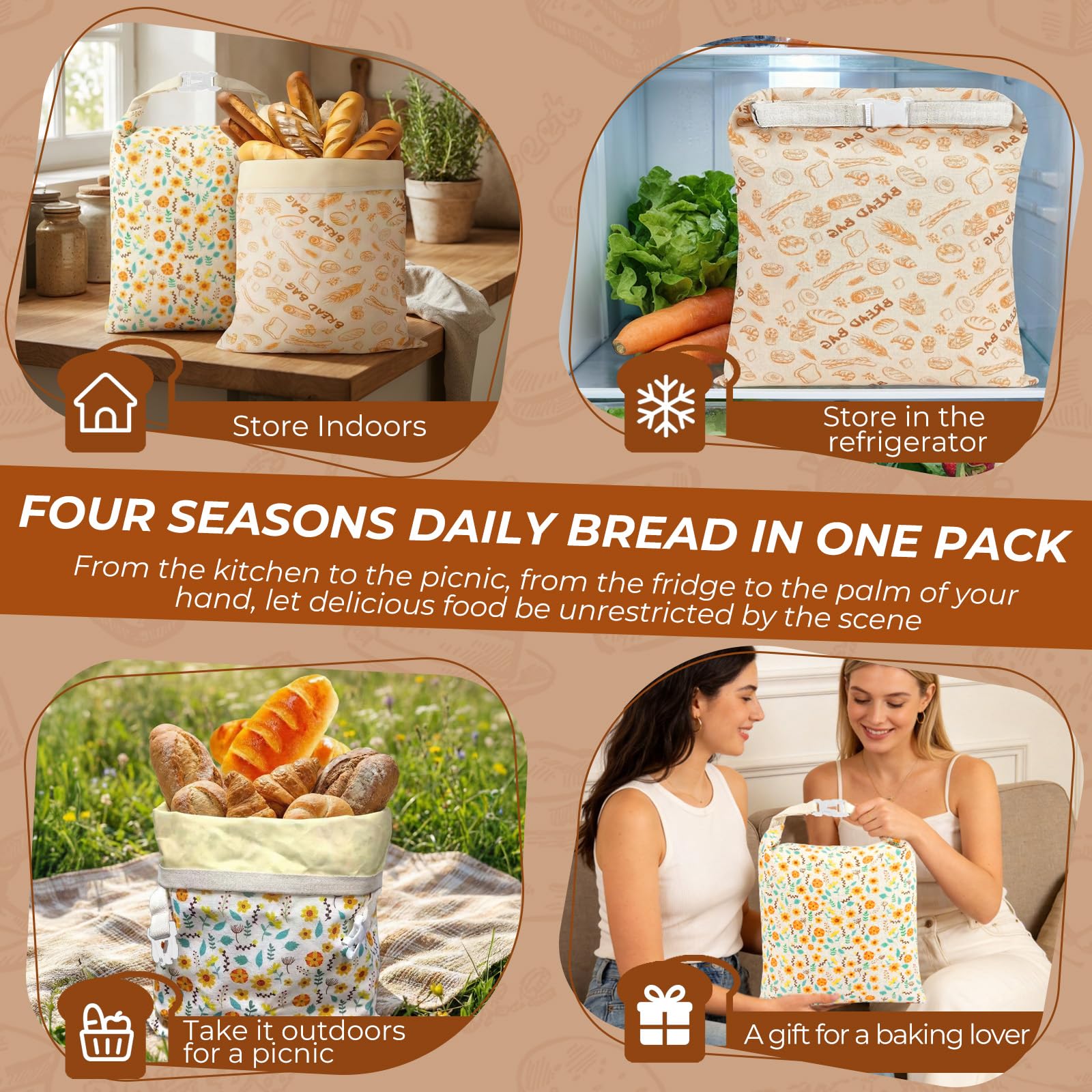 Sacchetti per il pane di cera d'api, 43×33 cm sacchetti di cotone rivestiti in cera d'api naturale, Borsa in cotone per conservare pane fatto in casa e prodotti da forno (confezione da 2)
