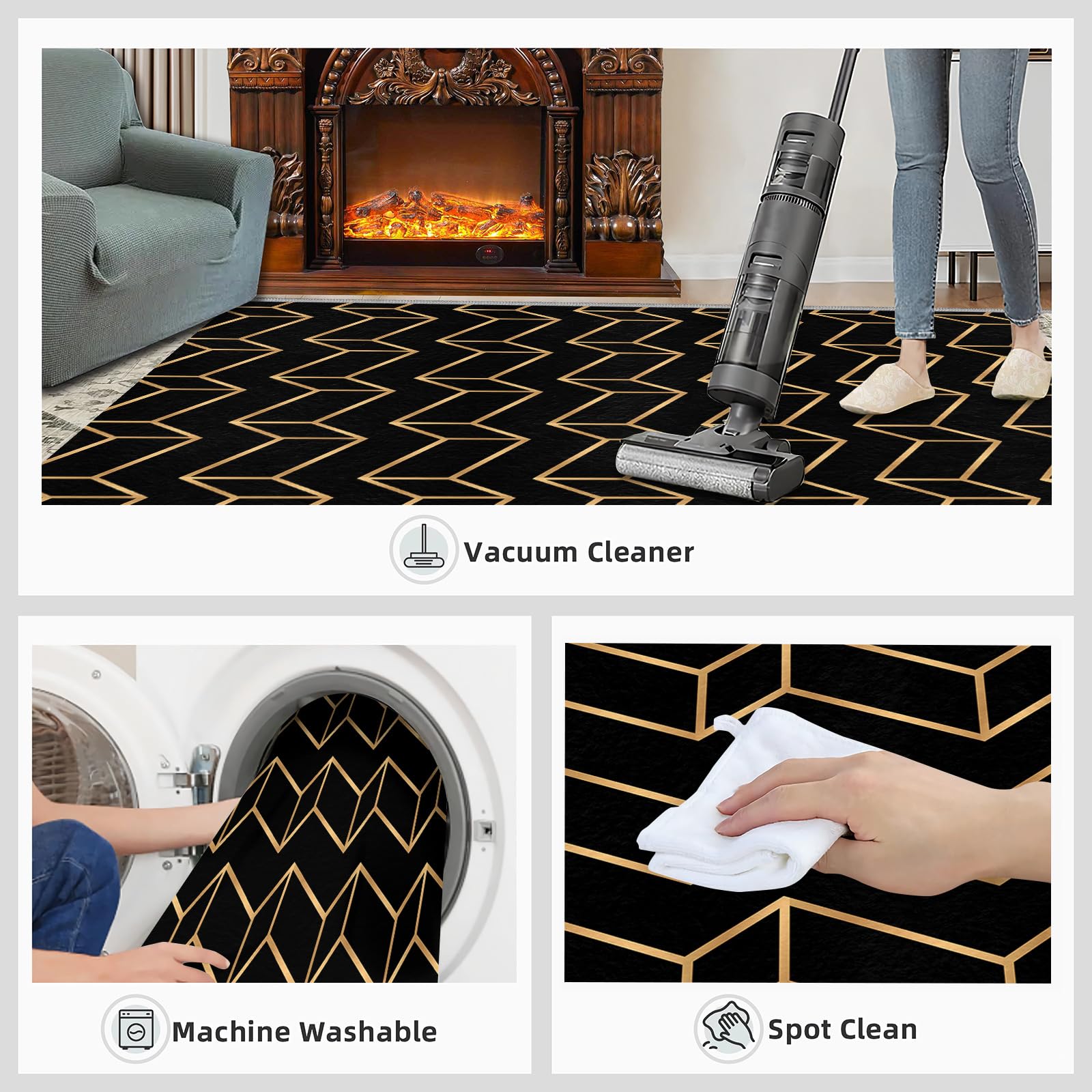 Tapis géométrique 3D, tapis géométrique carré noir et doré, tapis de chambre à coucher doux et pliable pour salon, balcon, terrasse, 150 x 200 cm