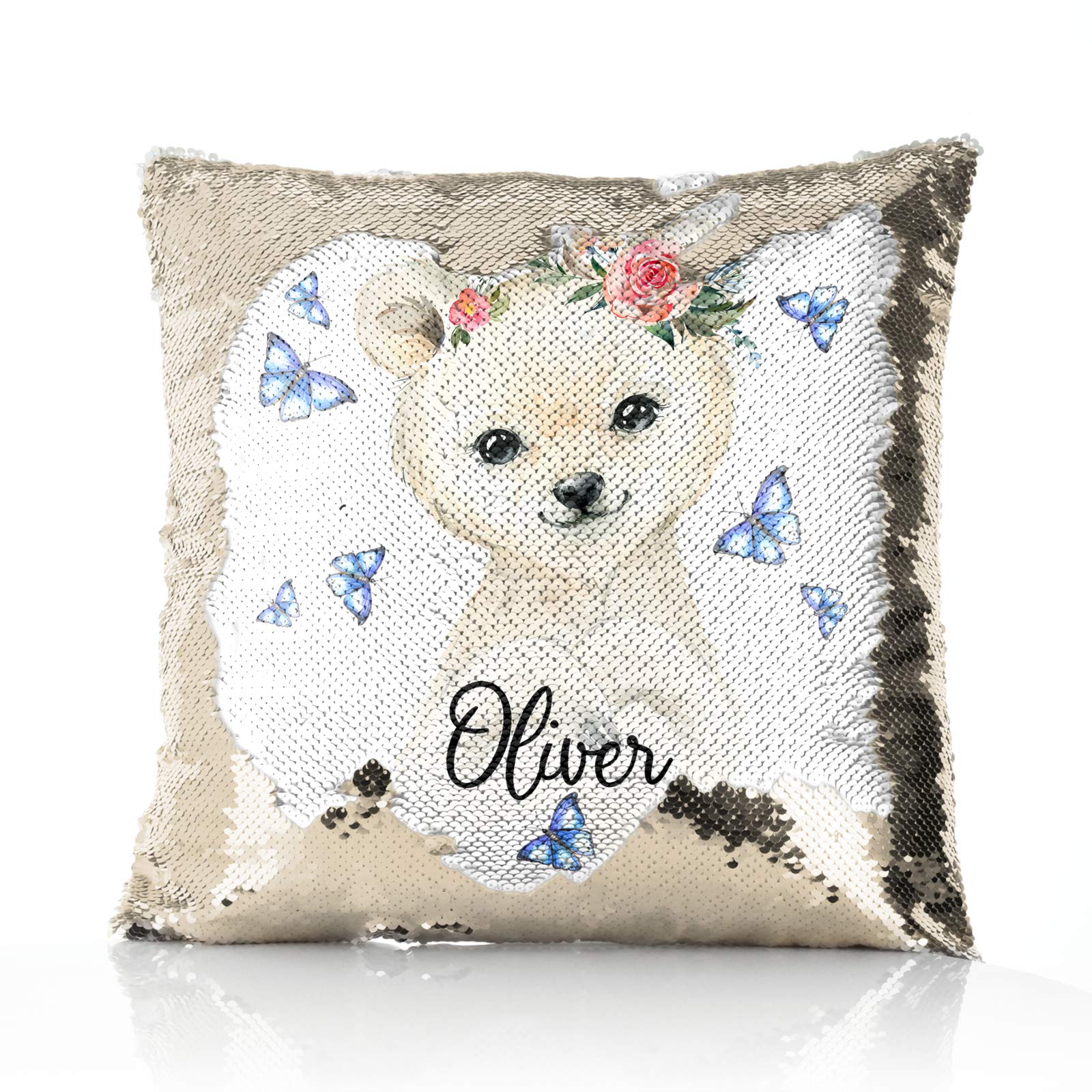 Hairyworm Personalised Cushion, Champagne, Silver, Blue, Red or Gold Squin Flip Square Cushion Customised with Initial/Name/Text, Polar Bear Butterfly Design, Square Pillow โ image 1