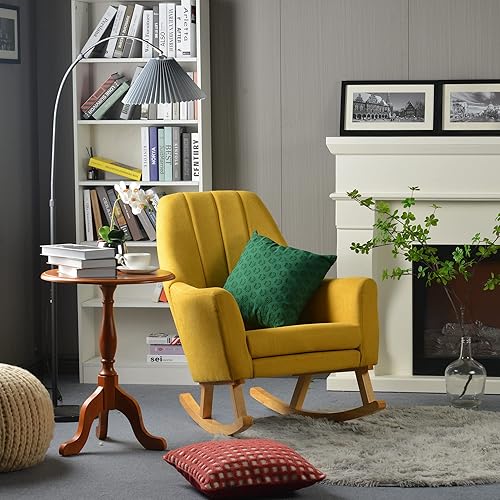 Miniatura 7 de LETESA Silla mecedora tapizada de tela de lino mecedora acolchada con respaldo alto silla auxiliar cómoda para sala de estar dormitorio oficinas
