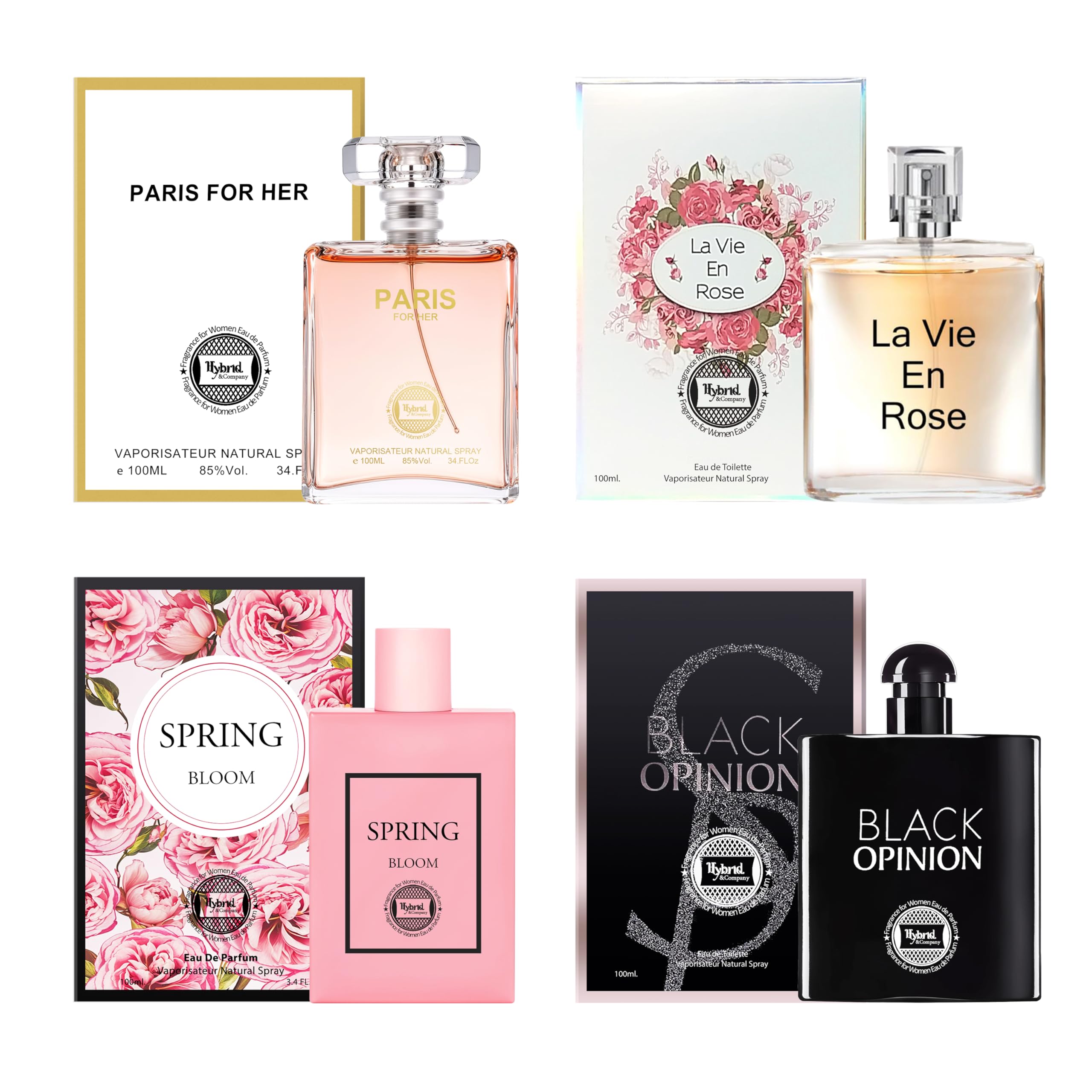 Hybrid & Company Women's 4 Pcs Black Opinion La Vie En Rose Paris For Her Spring Bloom Perfume Natural Spray Fresh Fragrance