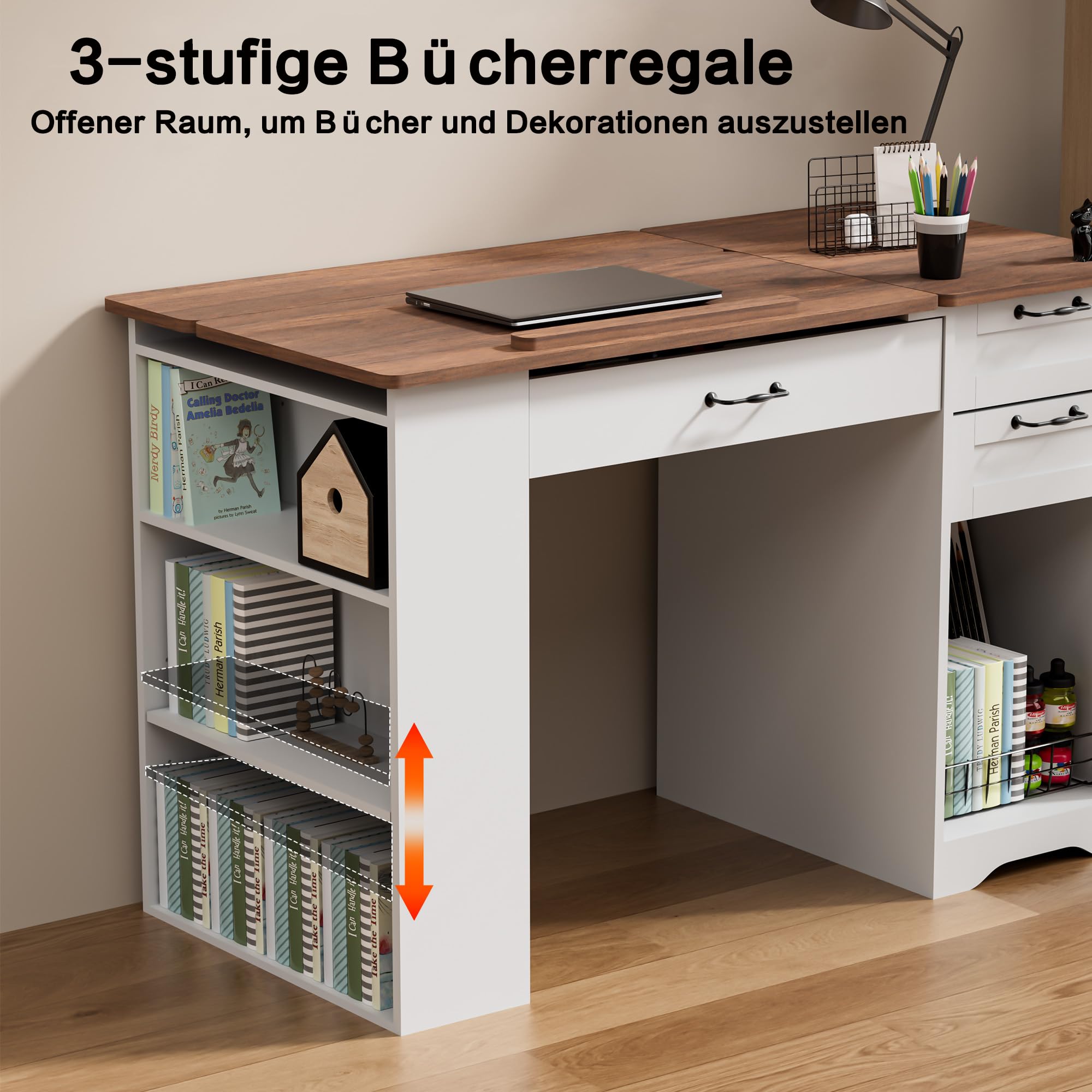 Zeichentisch mit Aufbewahrungsschrank und Schubladen, Verstellbarer Zeichentisch mit offenen Regalen, Kunst- und Handwerkstisch für Künstler, Maler