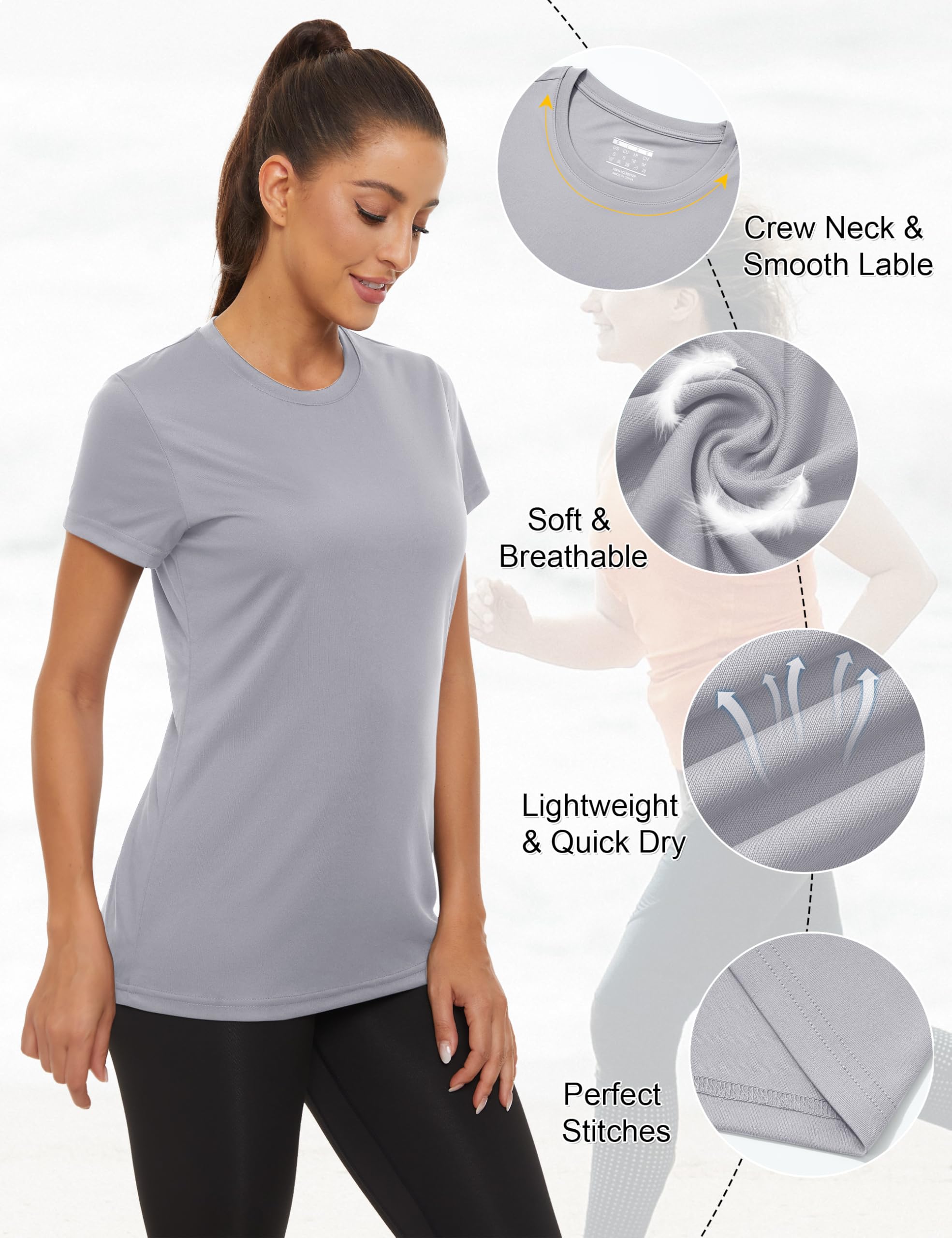 TACVASEN Maglietta Donna UPF 50+ Monocromatica Corsa Asciugatura Rapida Sportiva Maniche Corte (L, Grigio Chiaro)