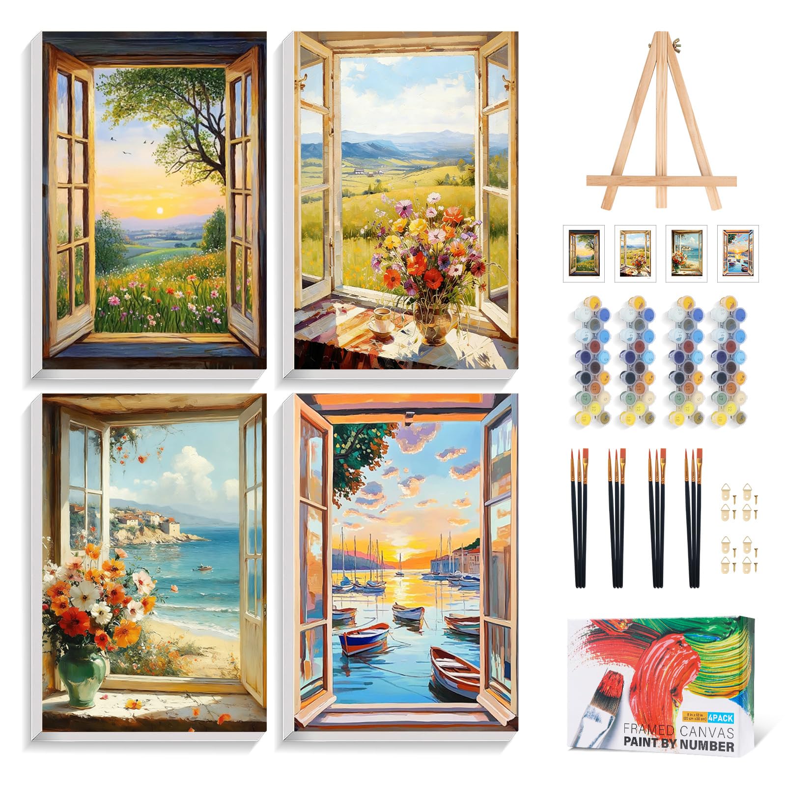 Cytheron Cyukop4p02 4 Pack Framed Paint By Numbers For Adult With Wooden Easel, Window Paint By Numbers For Beginners, Coastal & Countryside Diy Acrylic Painting Kit For Stress Relief And Home Wall Decor 8X12 Inch