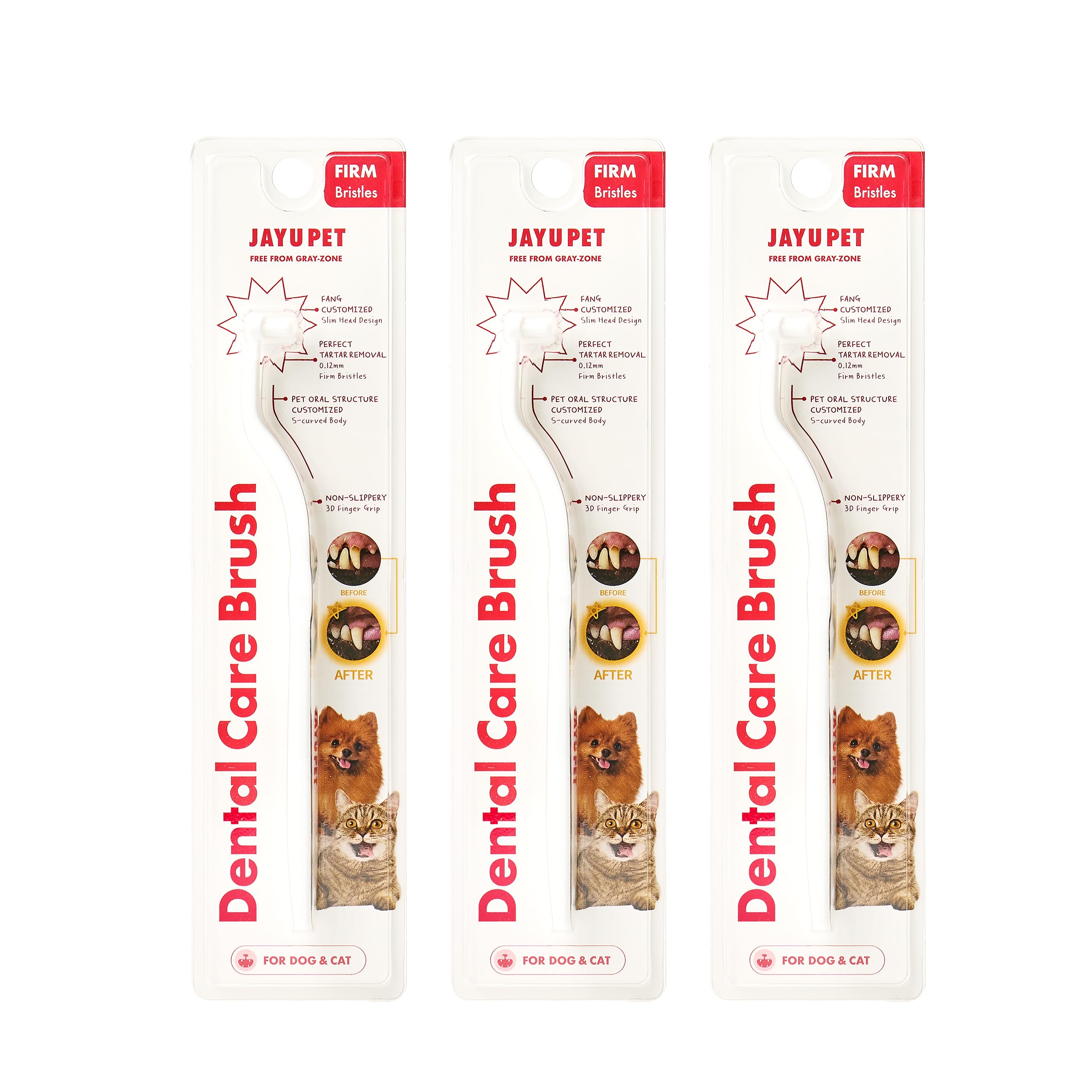 JAYU PET Dental Care Brush (Firm Bristles) 3ea, Resilient Dog Toothbrush, Cat Toothbrush for Tartar & Plaque Removal
