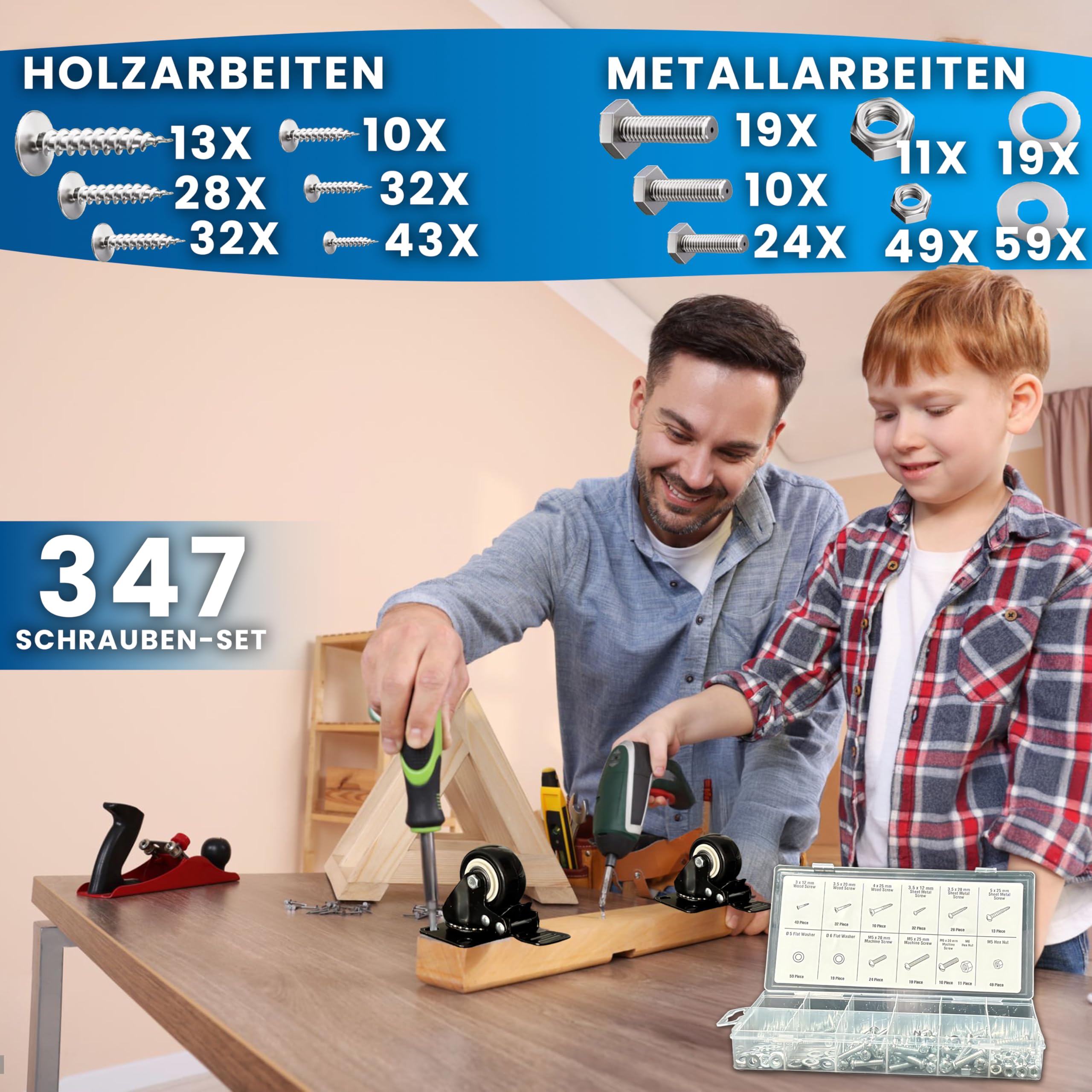 4er-Set Schwerlastrollen mit Bremse in 50mm, 400Kg Tragkraft & leichtgängigen Rollen für müheloses Verschieben schwerer Lasten wie Strandkorb, Werkbank & mehr inkl. 347 tlg. Schraubenset