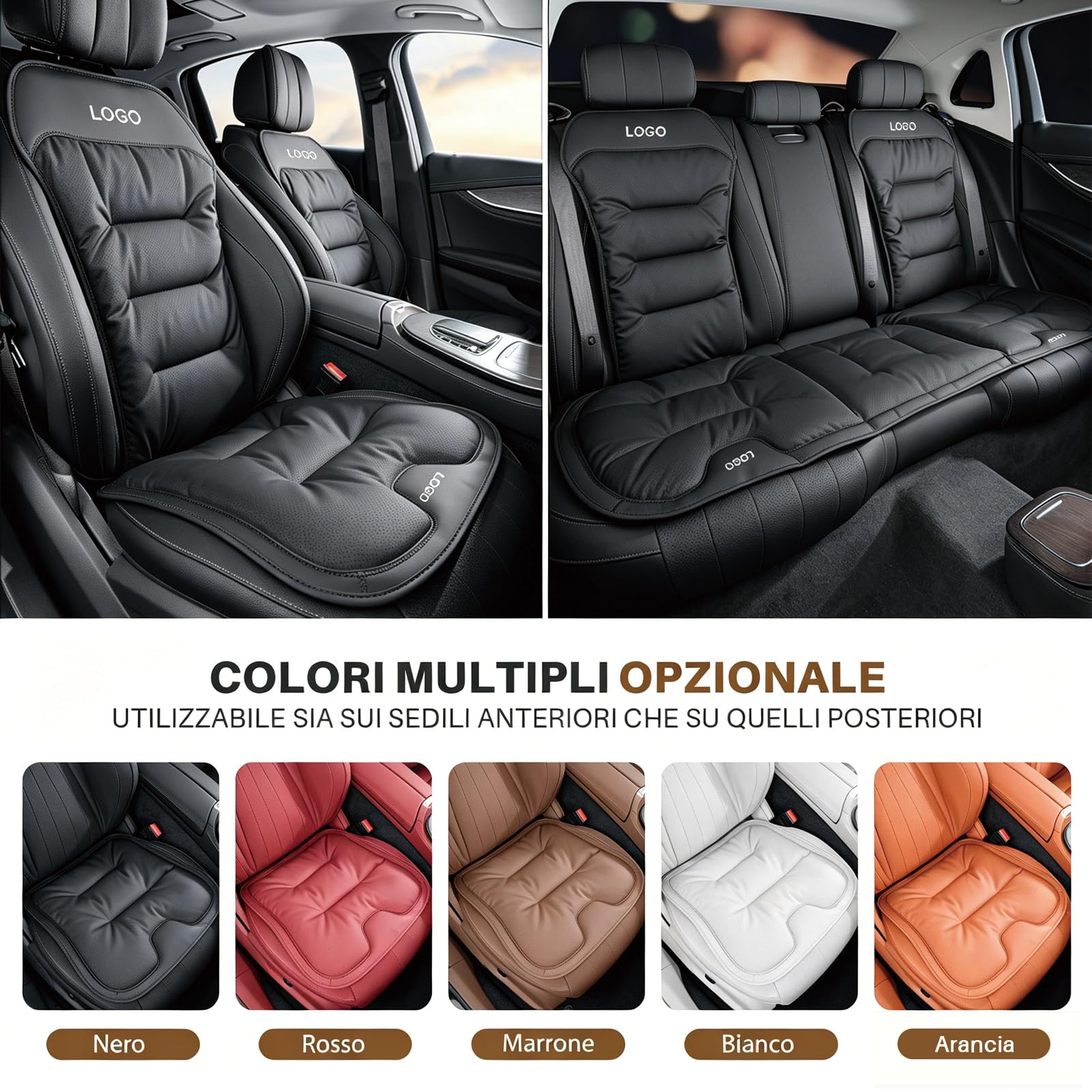 Pelle Nappa Coprisedili Auto Universale Personalizzato con Logo, Cuscino Lombare, Antiscivolo, Morbido Traspirante 5 Colori