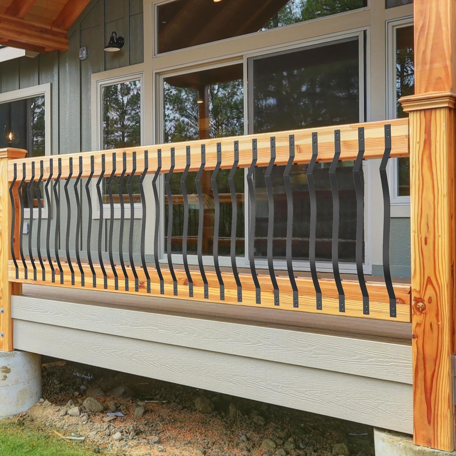 akenow metal deck balusters 51 pack, 32.25" x 1" deck spindles  heavy duty wave arc baluster, porch railing kit for outdoor stair deck porch