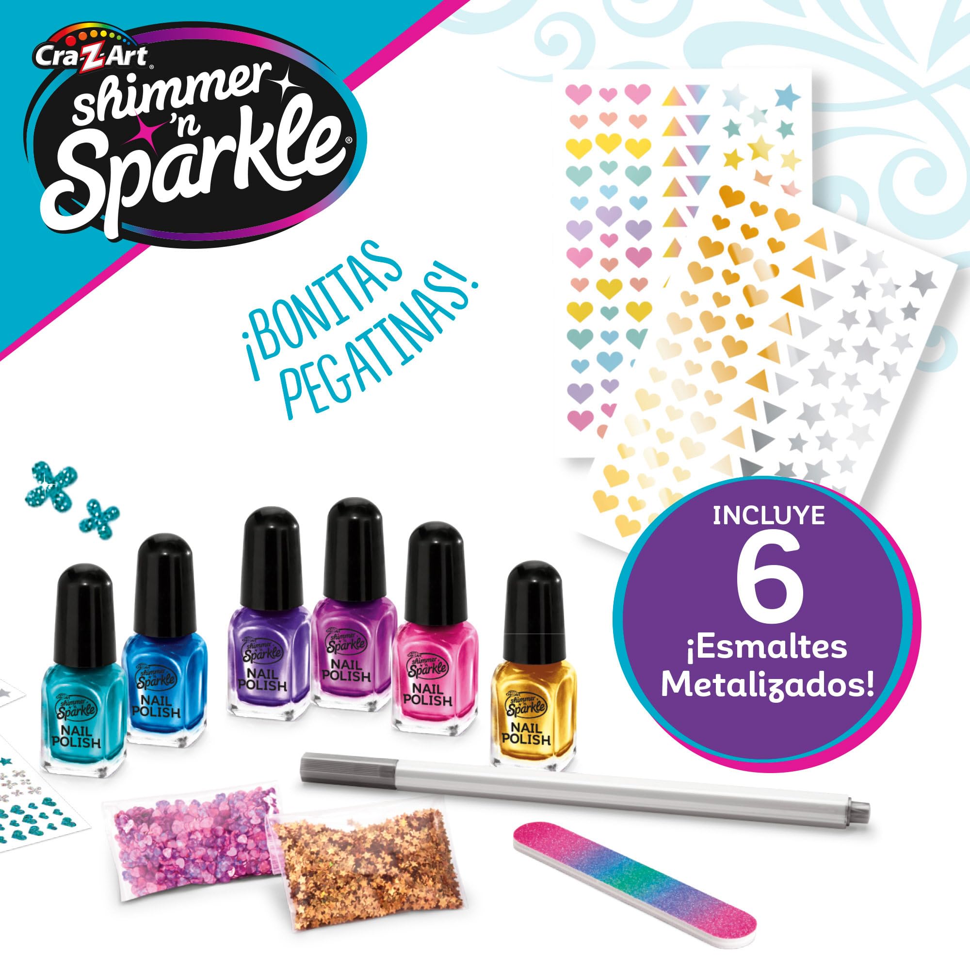 COLORBABY Zestaw lakierów do paznokci Shimmer N Sparkle, zawiera 6 lakierów, 2 woreczki z cekinami, 2 arkusze naklejek, pilnik i metaliczny marker, zabawki dla dziewcząt, manicure (46918)