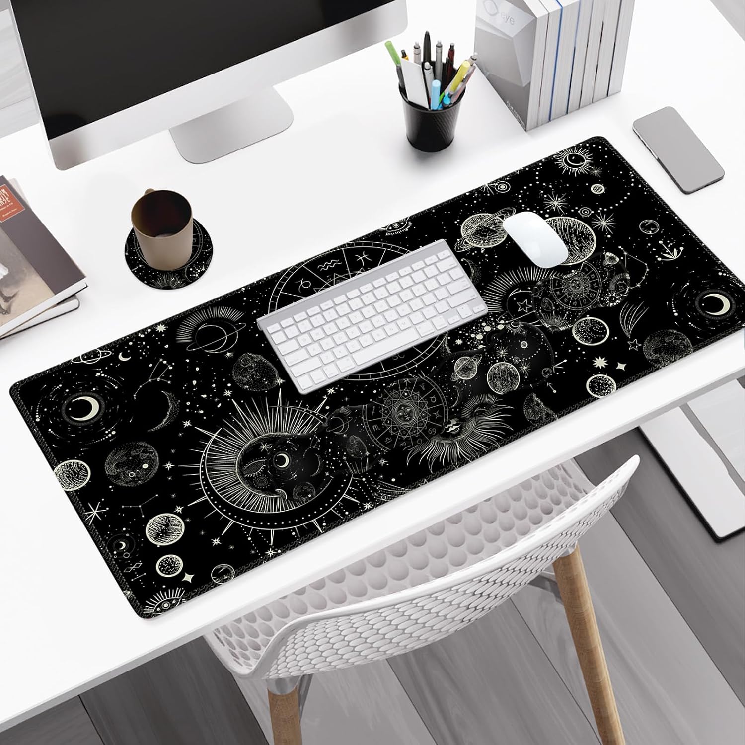 Gaming Mouse Pad Keyboard Wrist Support, 4 in1 Mousepad Set with Wrist Keyboard Rest, Computer Desk Mat, Non-Slip Desk Pad Protector with Memory Foam Easy Typing Pain Relief I Moon Sun Cosmic