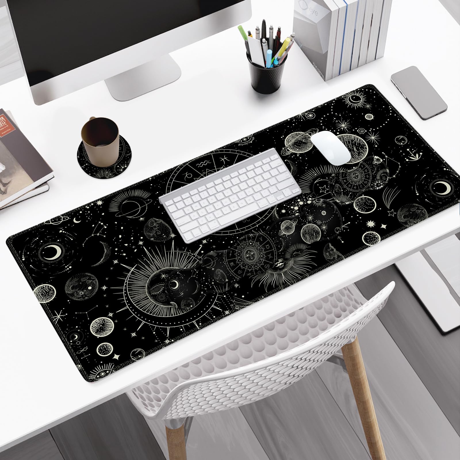 NXZGO Gaming Mouse Pad Keyboard Wrist Support, 4 in1 Mousepad Set with Wrist Keyboard Rest, Computer Desk Mat, Non-Slip Desk Pad Protector with Memory Foam Easy Typing Pain Relief I Moon Sun Cosmic