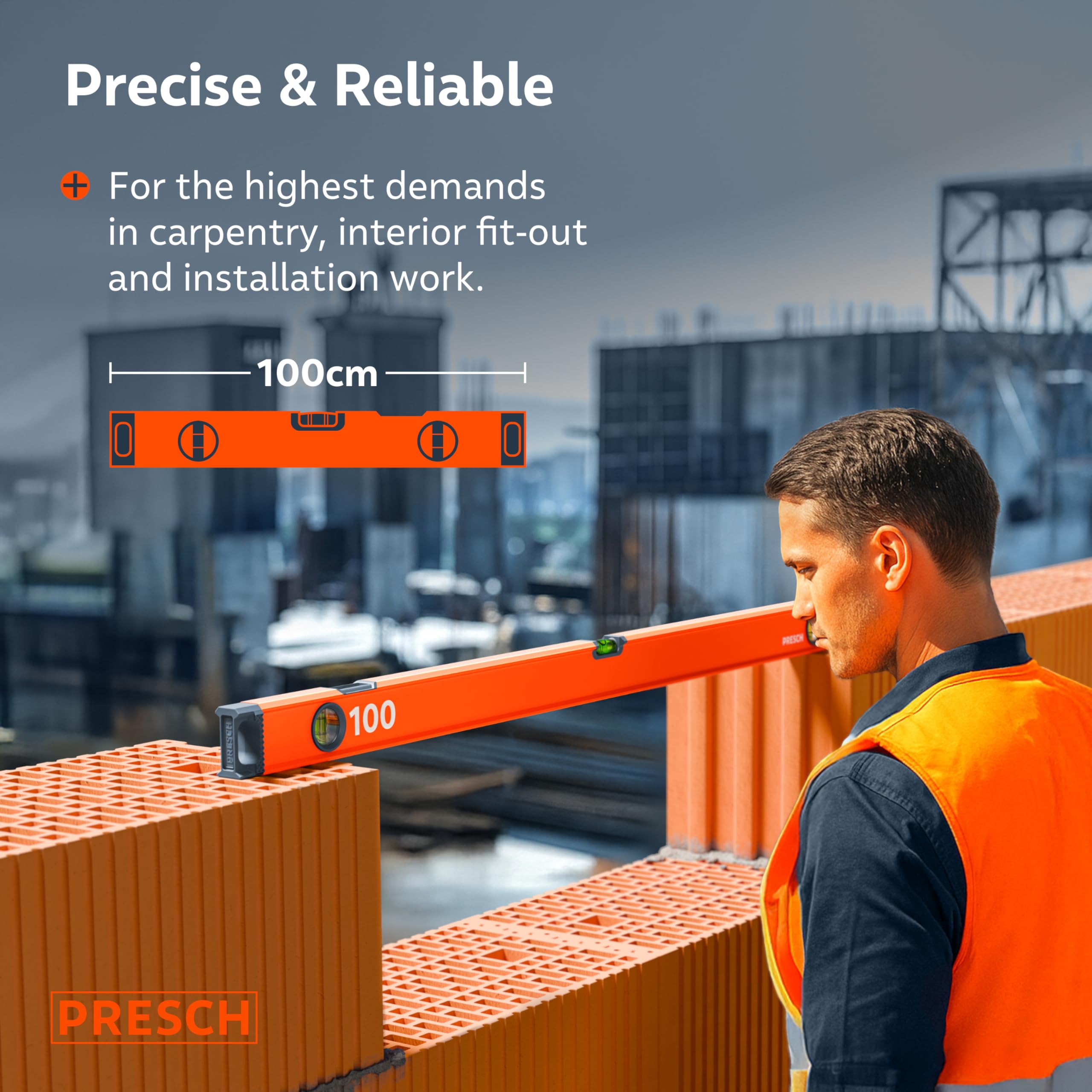 Presch Spirit Level 100cm, Shatterproof Vial with 2% Gradient, Vertical Viewing Window, Innovative Anti-Slip end caps - Image 2
