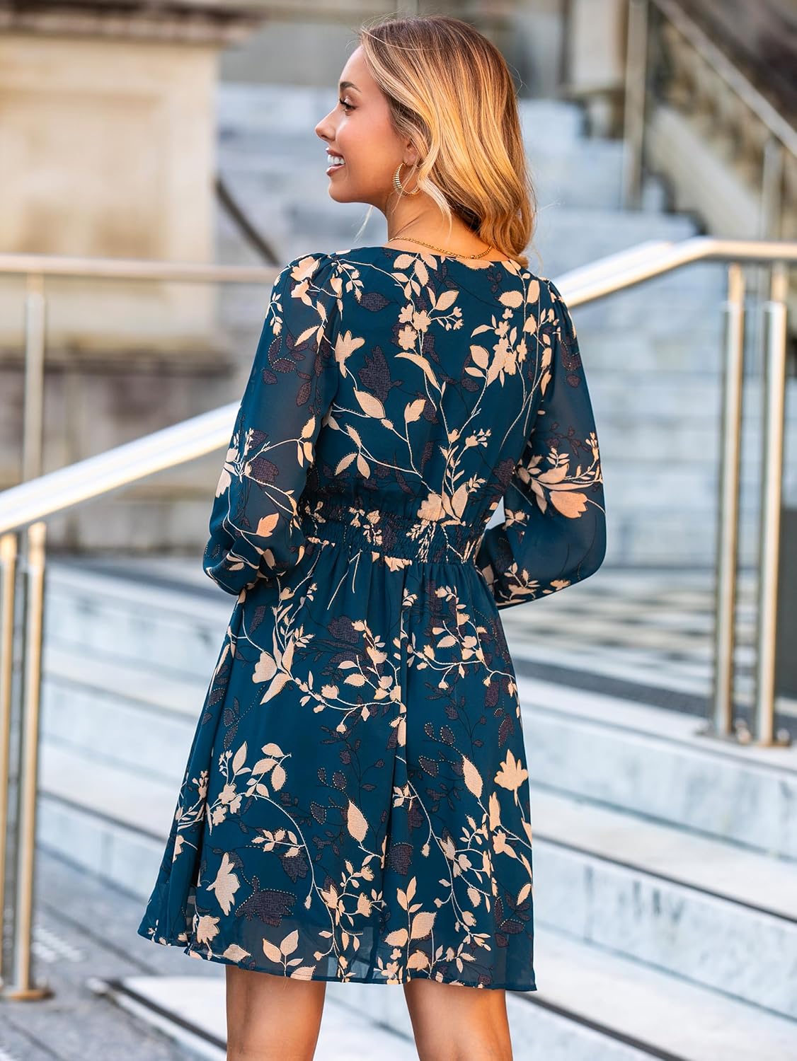 Simplee Womens Floral Mini Dress Long Sleeve Casual V Neck Chiffon Modest Boho Flowy Fall Wedding Guest Dresses - Image 4