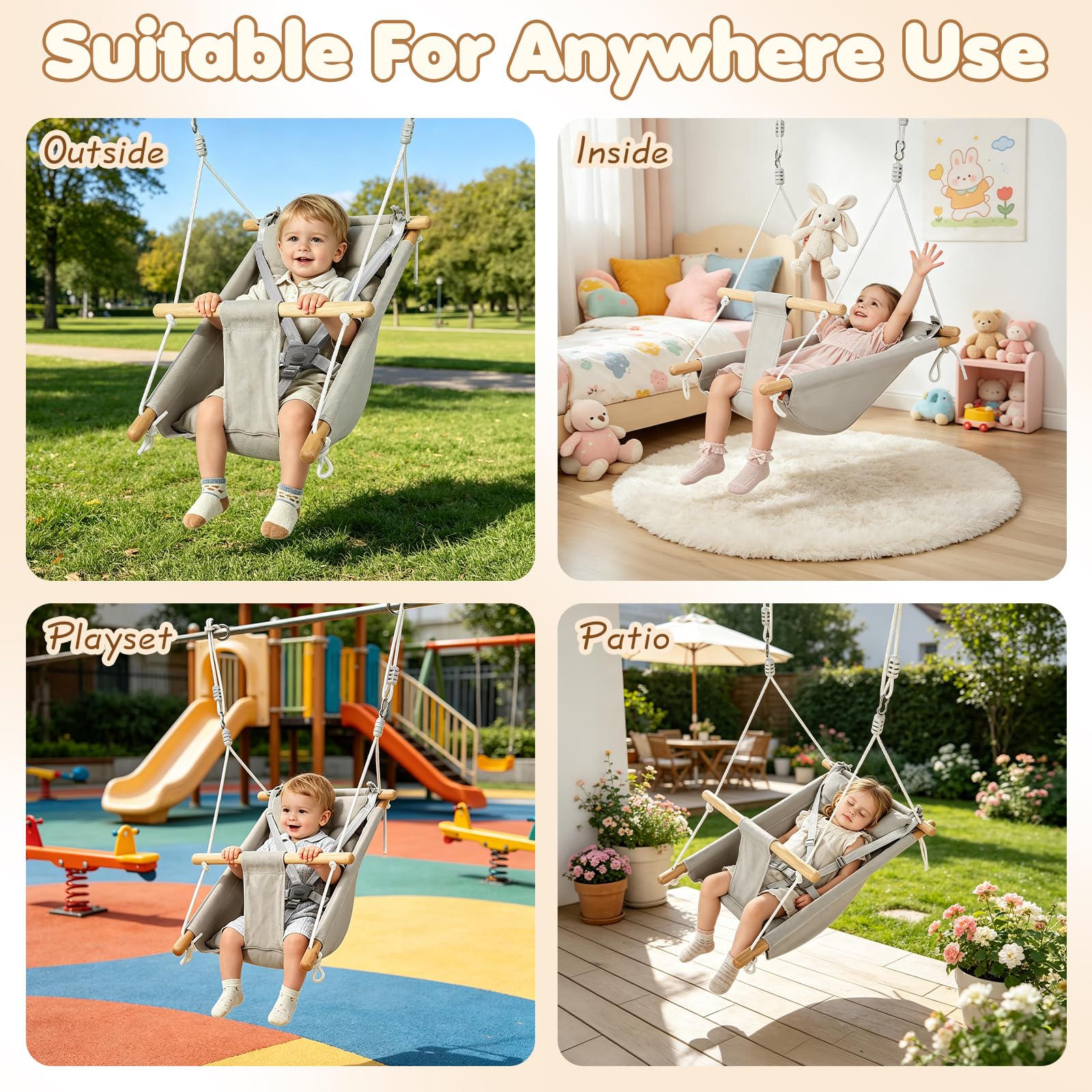 Balançoire bébé 3 en 1, Chaise Suspendue en Bois avec Ceinture de sécurité et Coussin en Coton, hamac-balançoire bébé réglable, balançoire Enfant d'intérieur/extérieur, capacité 60 kg, 6-36 Mois