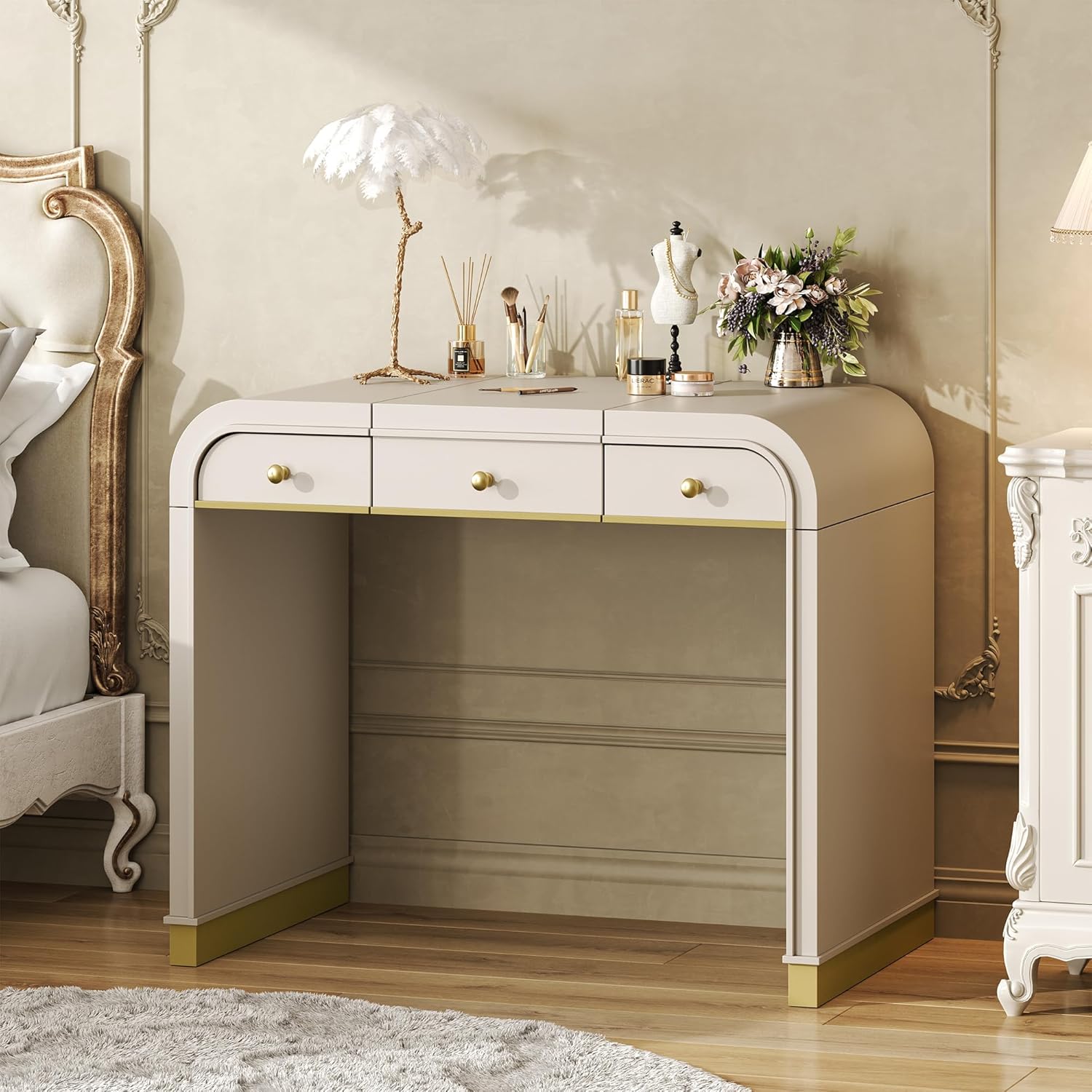 Classic Makeup Vanity Table with Flip-Top Mirror, 3-in-1 Wood Retro Dressing Table with Hidden Compartment & Storage Drawer & Curved Edges for Bedroom (Champagne Style3)