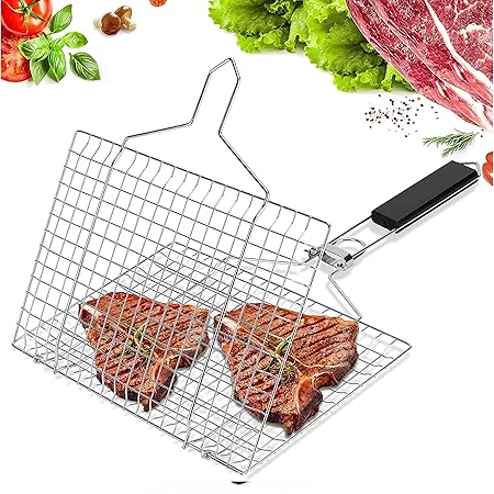 DASNDAS BBQ Grill Basket Fish Grill Fish Roaster Fish Holder Vegetable Holder Chicken Roaster Grill Stainless Steel Grill Basket with Handle